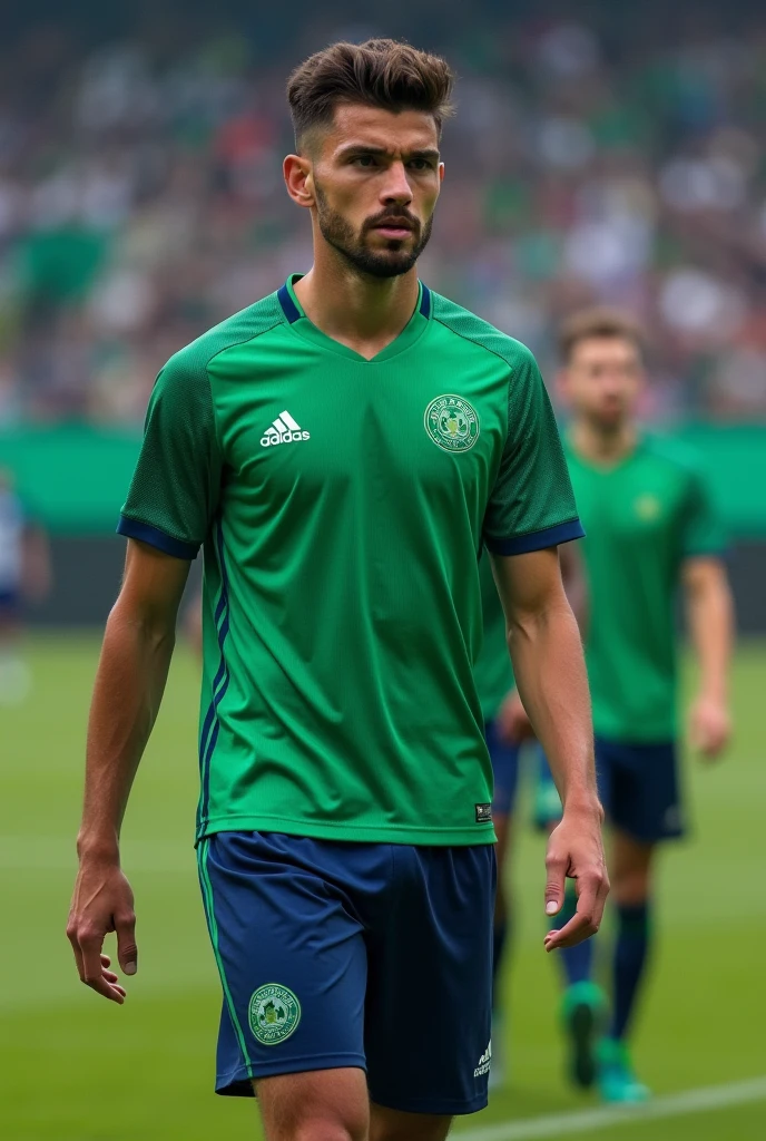 a green soccer jersey with some small purple details