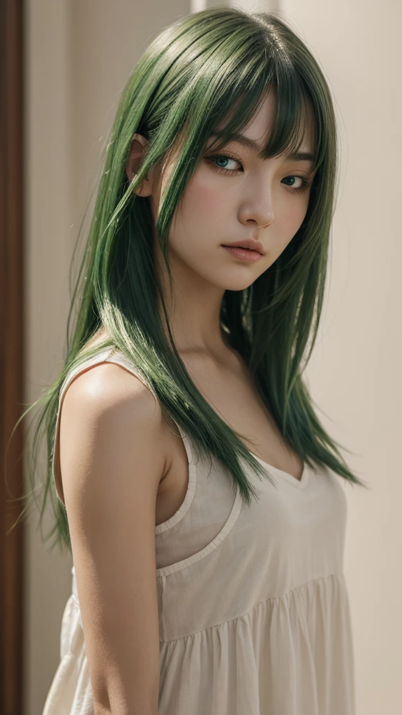 a girl. Europe. 25 years old. plump face. White skin. seductive closed eyes. straight hair. long hair. green hair. green eyes. beautiful collarbones. nice body. sad expression. three holes shirt. wearing a short pleated leather skirt