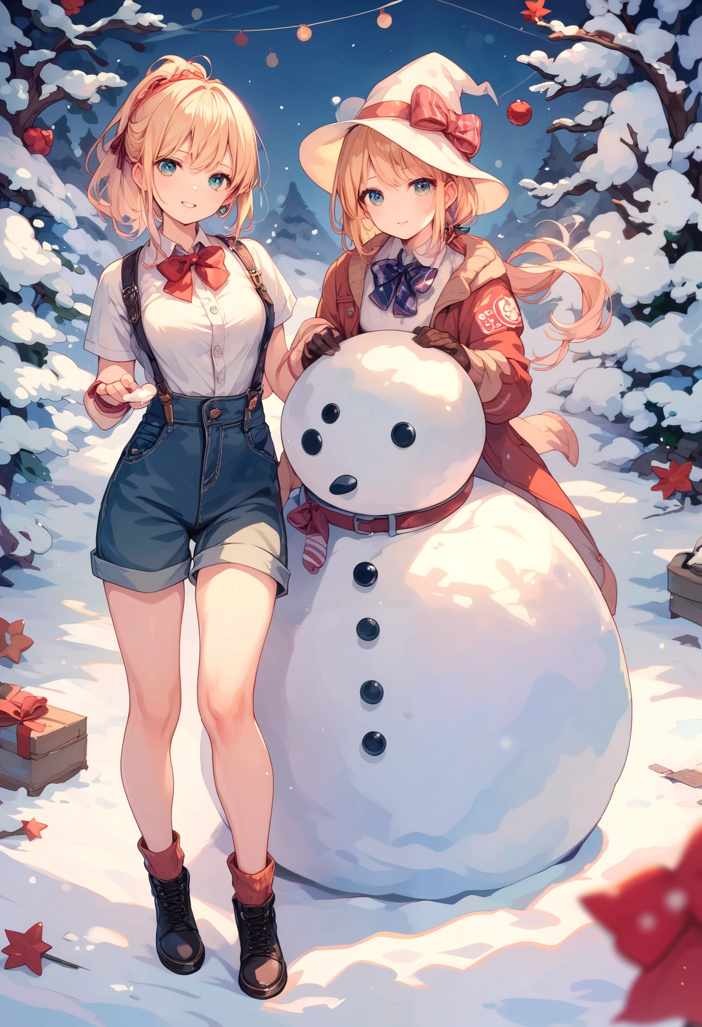 Girl standing beside a snowman