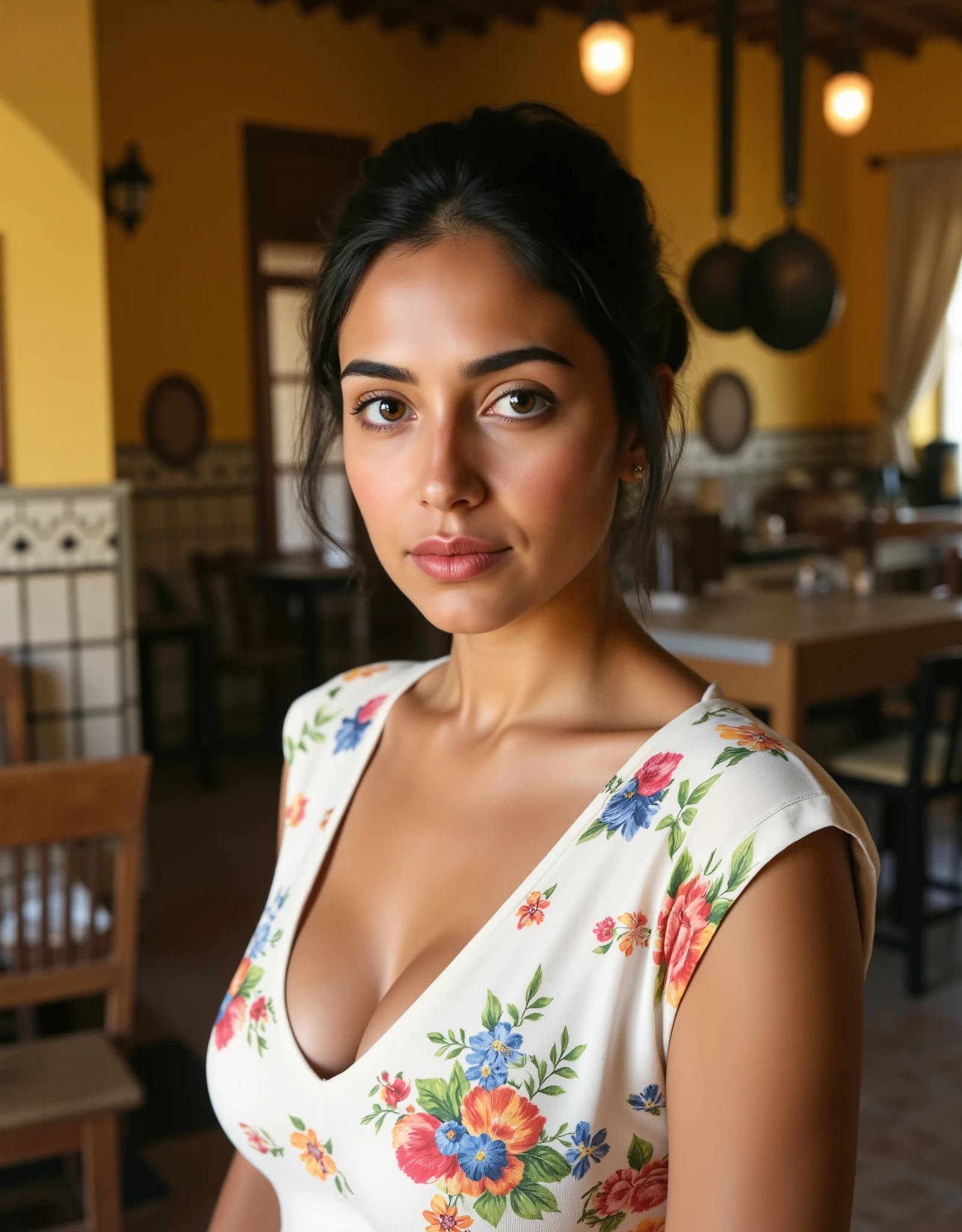 professional photo, Close-up, of a 45-year-old woman in a traditional Spanish kitchen. She has bright brown eyes, a wandering gaze, black hair tied in a bun, wearing a white dress with floral prints. She is there in a kitchen with colonial decor, mocha tiles, yellow walls, hanging pots, rustic wooden furniture. Soft lighting, vibrant colors, hyper-realism.