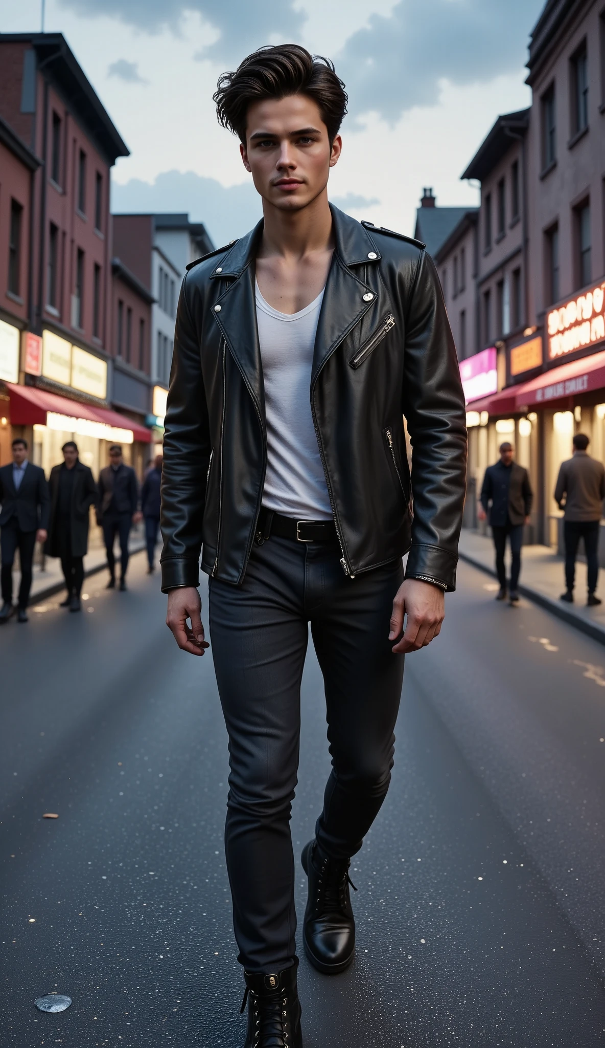 " An attractive young man walks through the busy streets of a big city at dusk . radiates confidence and charisma ., and his style combines urban chic with a touch of rebellion . , that resembles melted lollipops , lead slowly around the boy . Their bodies shine like soap bubbles . The boy's face Chiseled chin with a light incipient beard . deep, expressive eyes that seem to contain a world Integer of Secrets . , slightly fleshy lips curving into a thin , mysterious smile. slightly disheveled dark hair , carelessly falling on his forehead . The boy is wearing black fitted leather jacket with silver zippers and a slight sheen. A simple white t-shirt with a V-neck that accentuated his muscular figure . narrow-cut dark jeans , slightly worn, that gives them a worn look , sharp look. Military black boots with silver buckles give his look an austere look . A silver chain that shines in the twilight complements his overall appearance . The boy's accessories Vintage silver wristwatch with leather strap . Several silver rings on his fingers give him a special style . a small, a discreet earring on her left ear gives him a rebellious look .