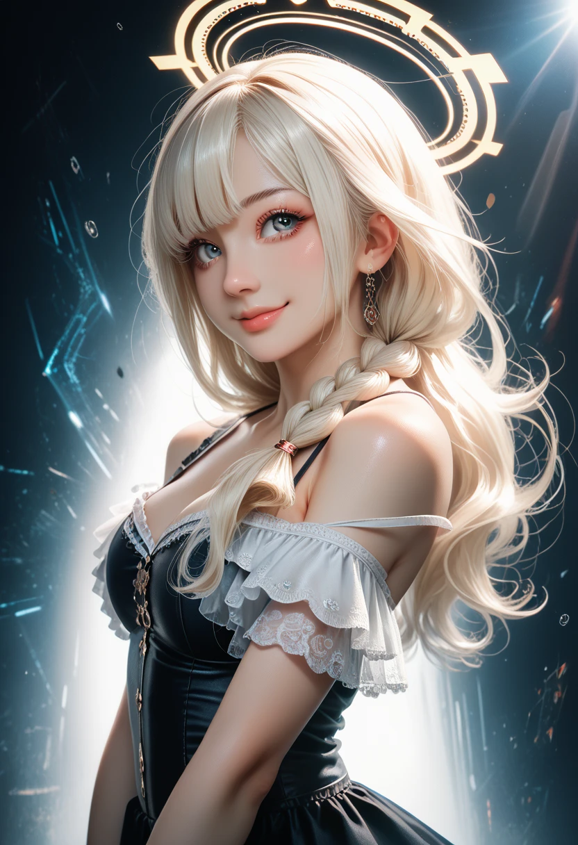 portrait of a beautiful [girl | woman] junko enoshima, blonde long hair, 1girl, twintails, solo, breasts, blue eyes, cleavage, collarbone, large breasts, bangs, blush, closed mouth, smirk, looking at viewer, upper body, bear hair ornament, nail polish, red nails, red bow,  wearing green mark IV armor from Halo holding a BR55 battle rifle inside futuristic space station,  wispy hair, contrast, texture, realism, high quality, film grain, Fujifilm XT3, insane details, intricate details, hyperdetailed, soft cinematic light, adobe lightroom, photolab, intricate, highly detailed, muted colors, insane details, intricate details, hyperdetailed, soft cinematic light, adobe lightroom, photolab, intricate, highly detailed, muted colors, masterpiece, (close up portrait of a smiling girl) , (backlighting), (intricate, octane render, highly detailed, 8k, hdr, uhd, high quality, professional, Unreal engine,Trending on artstation), lens flare, shade