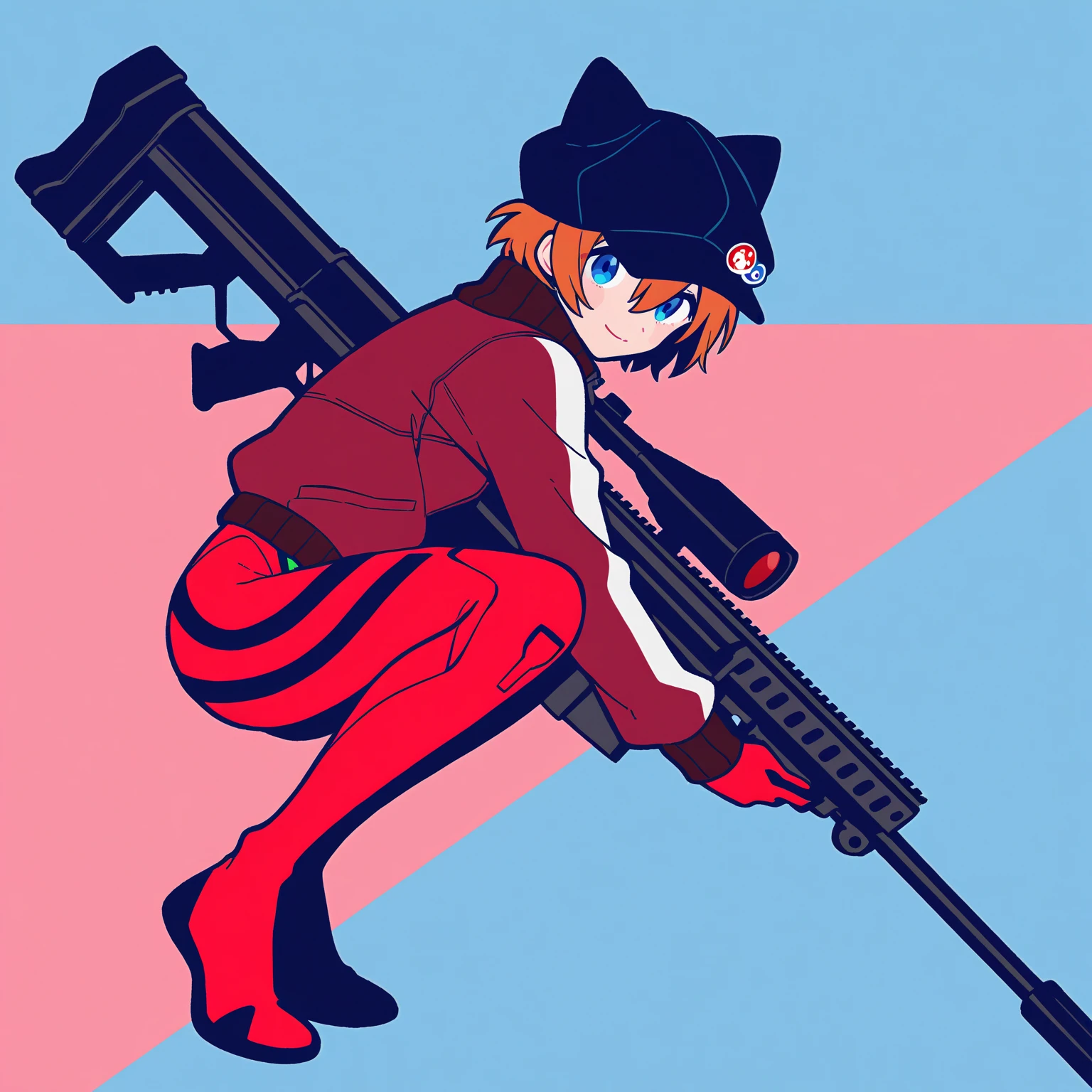 Masterpiece, best quality, simple background,Blue background,flat color, 1girl ,full body, , from side, smile,, Masterpiece, best quality , simple background, red background , flat color, 1 girl , full body, , from side, smile,, Neon Genesis Evangelion 、 Shikinami Asuka Langley 、 blue eyes、 Red Jacket , red plug suit underwear, Cat hat、, sniper rifle,Barrett M72 , Get Ready ,Photograph from the side