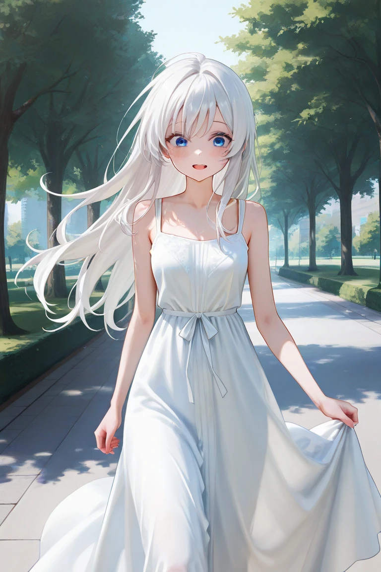 Ai animated Beautiful female character who is walking at the side of road with his transpirant umbrella   in front of camer photos and take one photo  in front camera wearing summer  season  clothes and white silkin colour hair shining  with long hair at the top of city building  she sited at the last corner building  talking with her friend with laughing and smile to  sitting with her friends in the long green garden to sit on  the bench to sit down with her friends  and the second one friends hair colour is green and yellow