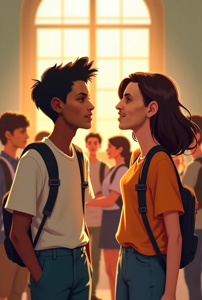 a 13 year old brunette teenage girl with curly hair kissing a tall skinny white boy with short straight hair in front of a curly haired boy with glasses and a sideways hat