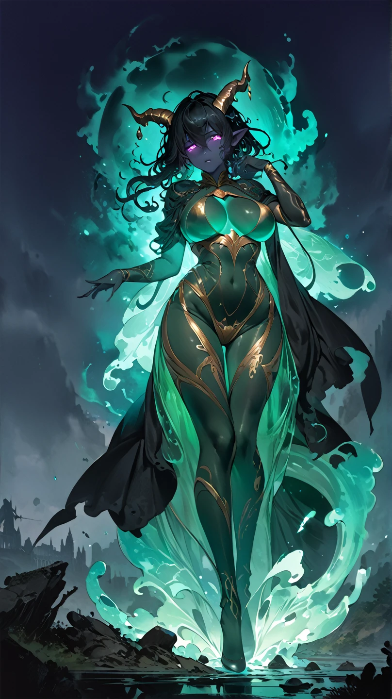 best quality,4k,8k,highres,masterpiece:1.2),ultra-detailed, extremely detailed eyes, extremely detailed body, (large masterpiece digital art), (detailed manga illustration), (detailed line art), ((perfect )), (intricate details:1.3), (ultra-detailed:1.3), (illustration:1.3), (sharp focus:1.3), (natural lighting:1.05), (vivid colors:1.3), (masterpiece), (best quality:1.4), (perfect :1.4), high quality, expressive eyes, full body, detailed face, beautiful face, perfect face, {1 woman}, dark ethereal skin tone, ((dark skin)), ((translucent skin)), , glowing obsidian horns, detailed ((midnight black hair interwoven with blue and purple)), liquid hair, slime girl, slime (substance), slime (creature), ((glowing eyes)), emerald (green eyes), dynamic lighting, 4k resolution, powerful yet elegant pose, ethereal smoke and mist surrounding her, dark energy aura, tendrils of eldritch energy swirling around her, faint celestial glow from her body, chaotic and mysterious background, supernatural atmosphere, Atey Ghailan, Jeremy Mann, Greg Manchess, Antonio Moro, trend in ArtStation, trend in CGSociety, Intricate, High Detail, Sharp focus, dramatic art by Midjourney and Greg Rutkowski, Marvel Comic style