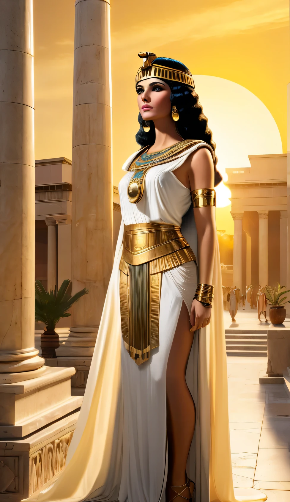 Cleopatra stands confidently beside Caesar, with a golden sunrise illuminating both her beauty and the Roman palace.