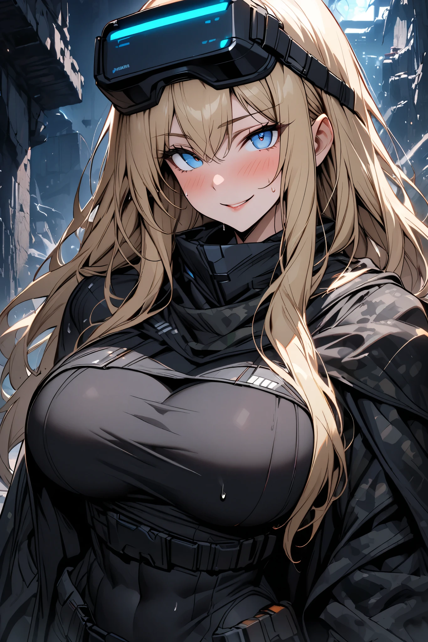 a busty long hair blonde woman blue eyes with a haughty serious face expression, open mouth, black leather jumpsuit, forest background, facing the camera, Big breast++, face camera, serious face