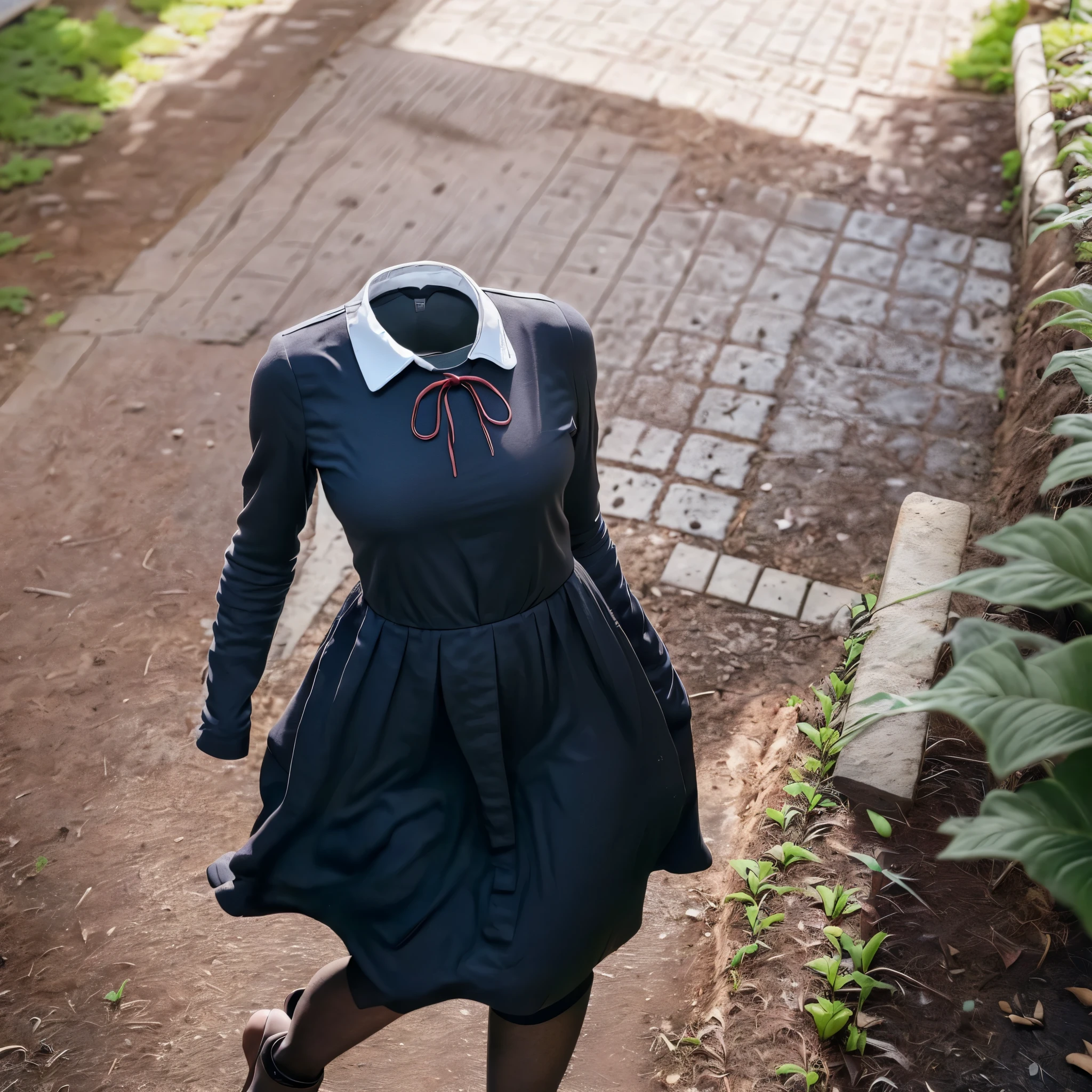 (invisible, no humans, headless, handless, faceless:1.5), masterpiece, best quality, highres, chika1, fujiwara chika, school uniform, black dress, red ribbon, long sleeves, neck ribbon, collared dress, in garden, photon mapping, radiosity, ((Hasselblad photography)), physically-based rendering, detailed cloth texture, (from above)