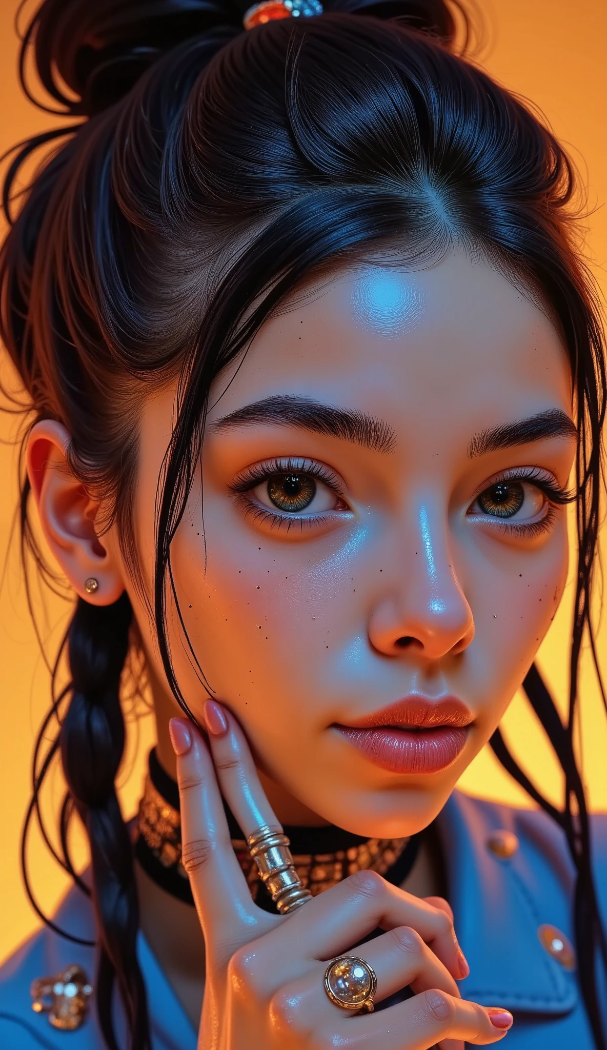 ( envelopes,4k,8K,highres, masterpiece:1.2), ultra-detailed ,( realistic ,photo realistic ,photo- realistic :1.37), a girl,hip hop style outfit, high ponytail, hair costume ,cowgirl pose, watching the viewer, leaning forward ,by santiago caruso,By Mike Azevedo, detailed eyes, Detailed lips ,  extremely detailed face , long eyelashes ,dynamic posture,colorful,colores vibrantes, warm lighting 