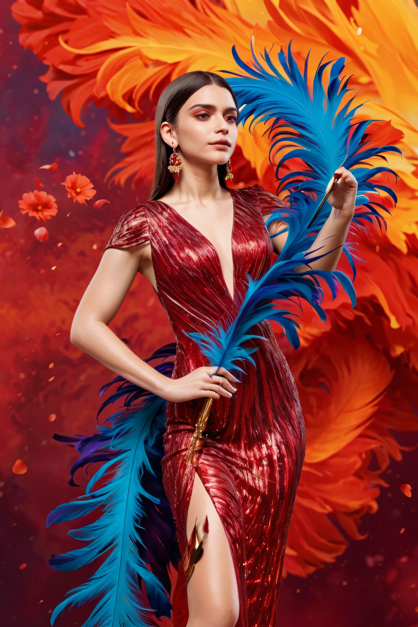( high quality ,4K,8 k, High definition , masterpiece:1.2), super detailed ,  highest quality ,  official picture , beautiful, aesthetic, (The most beautiful girl:1.3),  very detailed ,( fractal art :1.1),( Colorful :1.1)(flowers:1.3),the most detailed ,(confuse:1.2), ( dynamic pose ), ( abstract background:1.3), ( shiny skin ), (many colors:1.4), (earrings), (feather:1.5), (flamethrower:1.3), red background, Phoenix Dress,