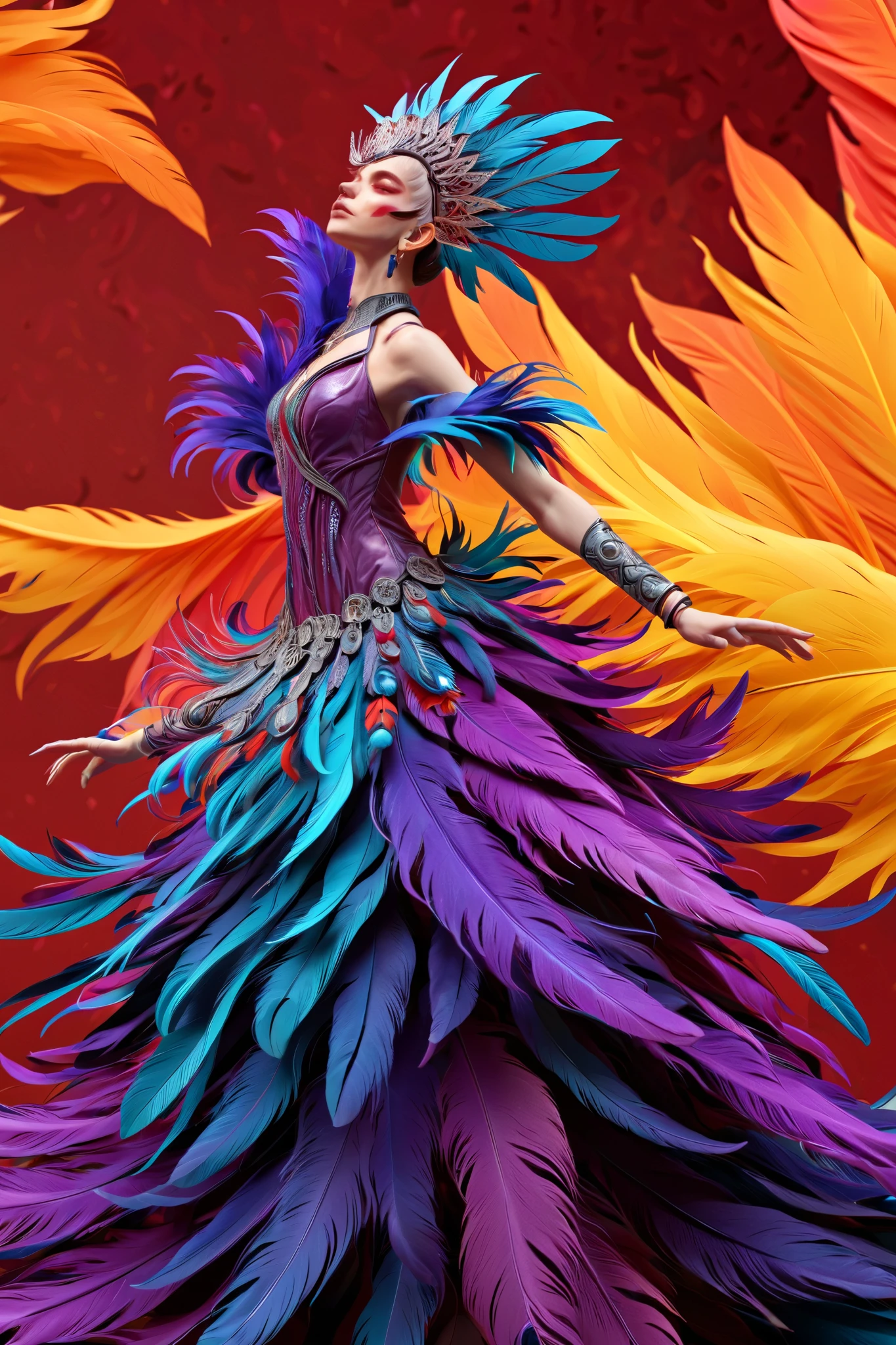 ( high quality ,4K,8 k, High definition , masterpiece:1.2), super detailed ,  highest quality ,  official picture , beautiful, aesthetic, (The most beautiful girl:1.3),  very detailed ,( fractal art :1.1),( Colorful :1.1)(flowers:1.3),the most detailed ,(confuse:1.2), ( dynamic pose ), ( abstract background:1.3), ( shiny skin ), (many colors:1.4), (earrings), (feather:1.5), (flamethrower:1.3), red background, Phoenix Dress,