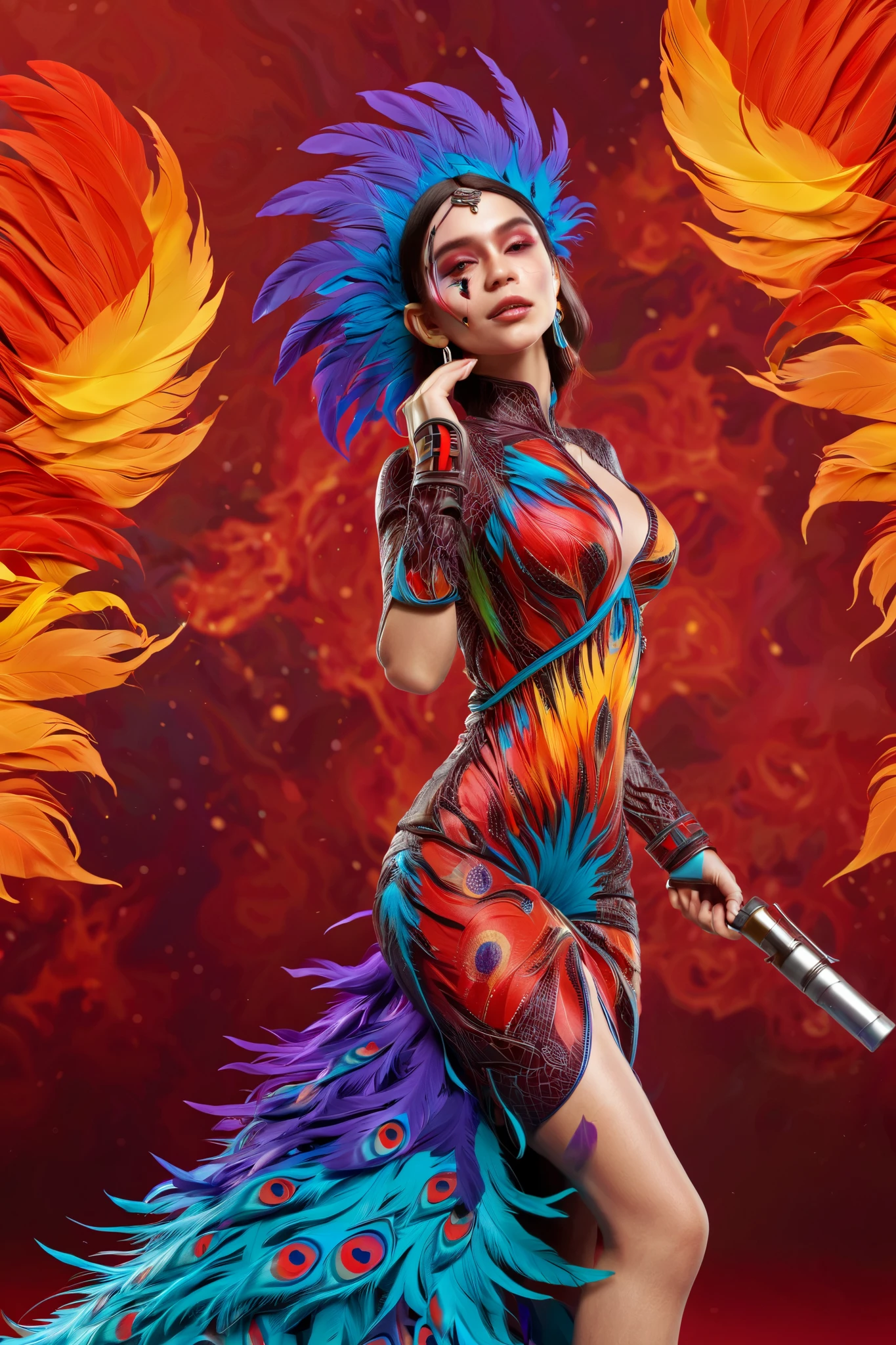( high quality ,4K,8 k, High definition , masterpiece:1.2), super detailed ,  highest quality ,  official picture , beautiful, aesthetic, (The most beautiful girl:1.3),  very detailed ,( fractal art :1.1),( Colorful :1.1)(flowers:1.3),the most detailed ,(confuse:1.2), ( dynamic pose ), ( abstract background:1.3), ( shiny skin ), (many colors:1.4), (earrings), (feather:1.5), (flamethrower:1.3), red background, Phoenix Dress,