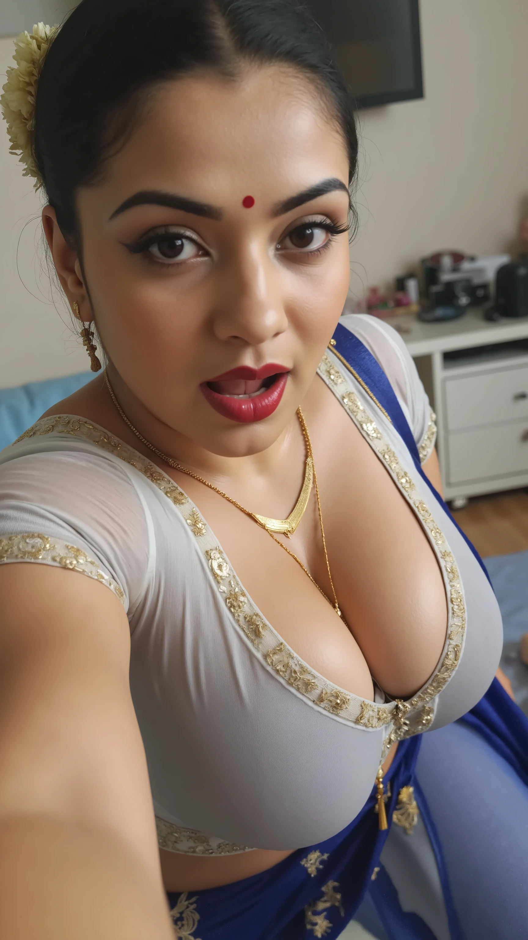 Pov camera view, Indian milf on her knees, looking at camera, with lust in her eyes, black hair tied around, flowers in head,sandal mark on forehead, sindhur on forehead (vermilion mark on forehead in the middle of hair partition,transparent blue Saree, dark red lipstick, black eyeliners, eyelashes,eyebrows,eyeshades,golden noserings,hanging ear rings,long golden chain on neck, ((huge breasts size: 2.0)), Half breasts out of the blouse, sexy cleavage, white with golden emproydered colour blouse, thick arms, inside bedroom, 8k , intricate details