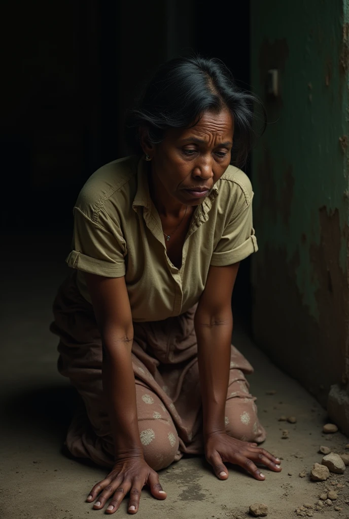 Sad crying sitting in the corner of a kitchen, worn out Brazil t-shirt, poverty, famine, misery, dirty body without showering, thousands of big insects flying motion.
