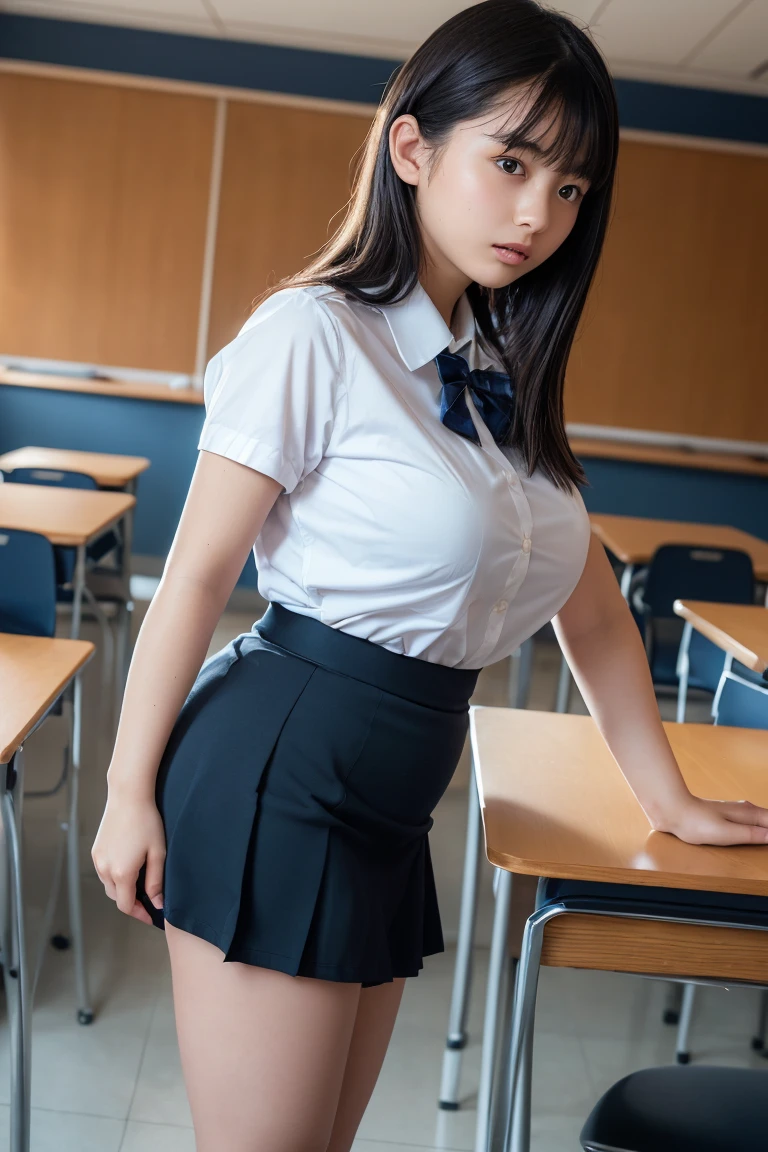 (Clothes accentuate the shape of the breasts:1.3),(ample breast,plump big breasts,emaciated:1.4),(tall stature,175cm tall,scrawny:1.4),leggy,Browsing Caution,Highest quality,Ultra-high resolution,1 person,whole body,Black hair, cool expression,Looking into the camera,Beautiful and elaborate face,Fine and beautiful skin,Skin Texture,high school student,uniform,Checked mini skirt,Classroom after school,Standing pose