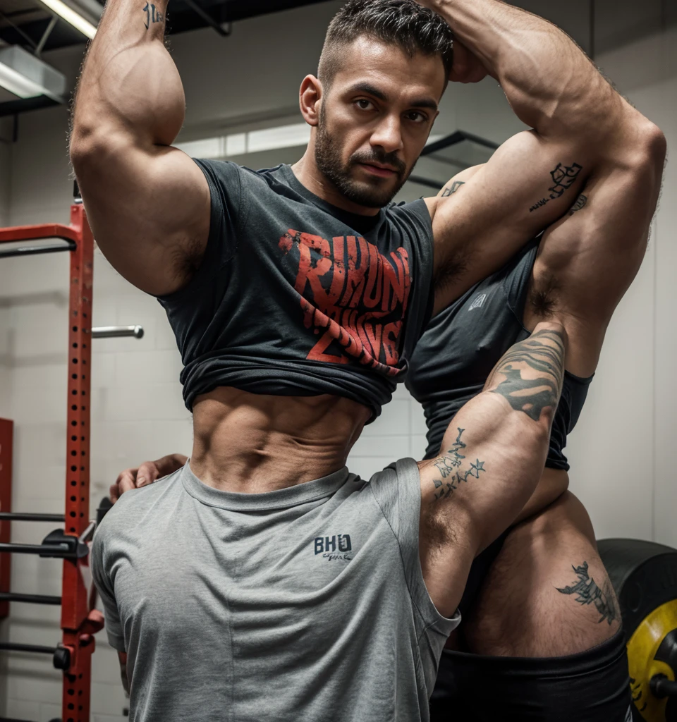 Muscular man with tattoos on left arm doing bench press and triceps extensions
