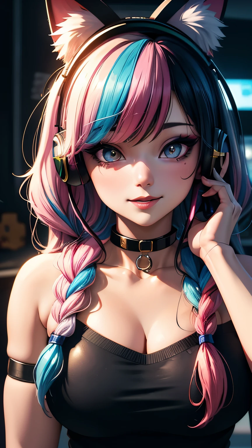 Pop art portrait of a gamer girl, game console, game room, neko headphones, gamepad, posing, choker collar, posing, streaked hair, multicolored hair, colored inner hair, braid, glowing eyes, makeup, light smile, depth of field, blurry, accurate, masterpiece, retina, textured skin, super detail, high details, high quality, award winning, best quality, highres, 1080P, HD, 4K, 8k, 16k,, (highest quality, High definition: 1.2). (perfect details: 1.1), (beautiful and clean background: 1.2), (extremely detailed CG, ultra detailed, best shadow: 1.1), (exquisitely drawn beautiful eyes), (full-length 1.1)