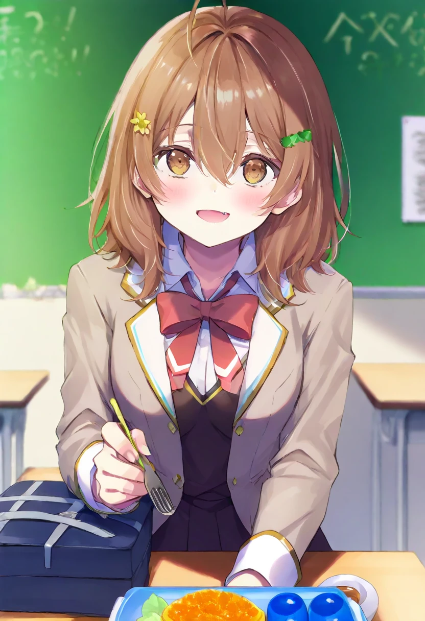 ((Tabletop, highest quality, High resolution, Perfect Pixel, Depth of written boundary, 4K))), One Girl, single, alone, Beautiful Anime Girls, Beautiful art style, Anime characters, ((Long Hair, bangs, Dark brown hair, Curly Hair:0.8)), ((Green Eyes:1.4, Fine grain, Beautiful Eyes, Perfect Eyes,Curled eyelashes, Realistic eyes)), ((Detailed face, Blushing:1.2)), ((Smooth texture:0.75, Realistic texture:0.5, Anime CG Style)), Medium chest, Dynamic Angle, Big Breasts, Perfect body, Dynamic pose, ((Red bow tie, , Black jacket, Open jacket, Brown cardigan, White shirt, Black Skirt, Checked skirt)), smile, Open your mouth, Put your arms behind your back, Leaning forward, Amalment Park
