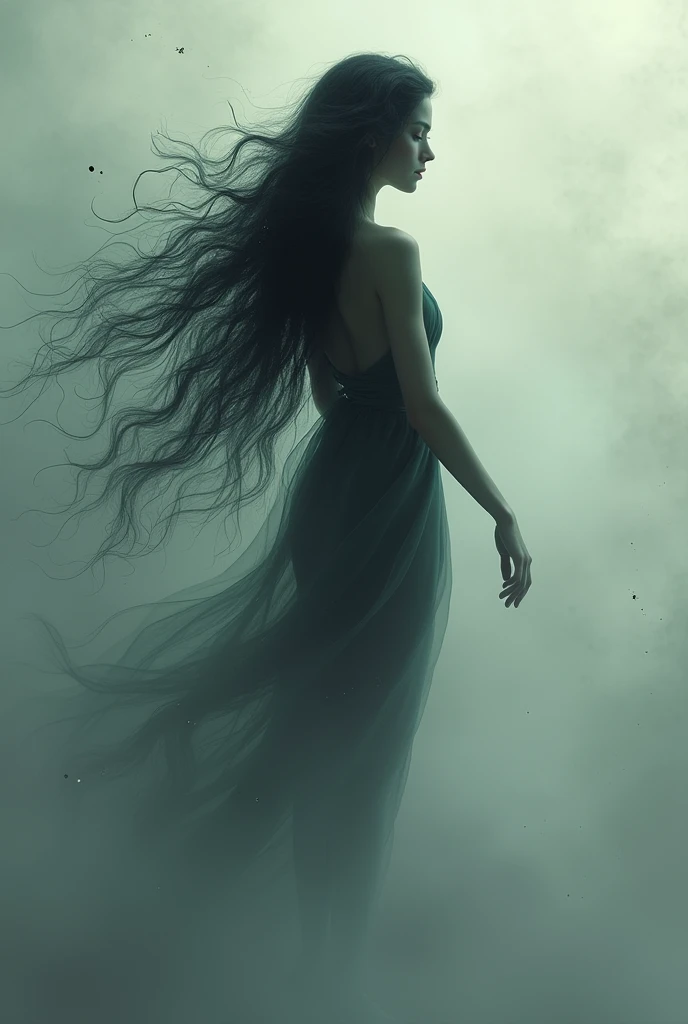 In a dimly lit, misty environment, a stunning woman stands at the edge of an eerie lake, her long hair swirling around her like tentacles. Her face contorts in anguish as she gazes out into the darkness, the weight of her emotions threatening to consume her. In the distance, a faint glow emanates from a distant shore, symbolizing the light of appreciation and love that seems just out of reach. The woman's beauty is illuminated by the subtle radiance, yet it cannot penetrate the veil of despair shrouding her.  Dark hands pull at her, tearing at her clothes and skin, seeking to pull her into the dark waters, symbolising the darkness reaching for her soul.
