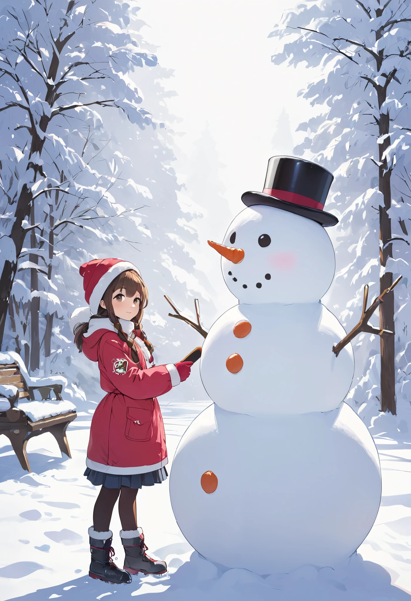 Girl standing beside a snowman