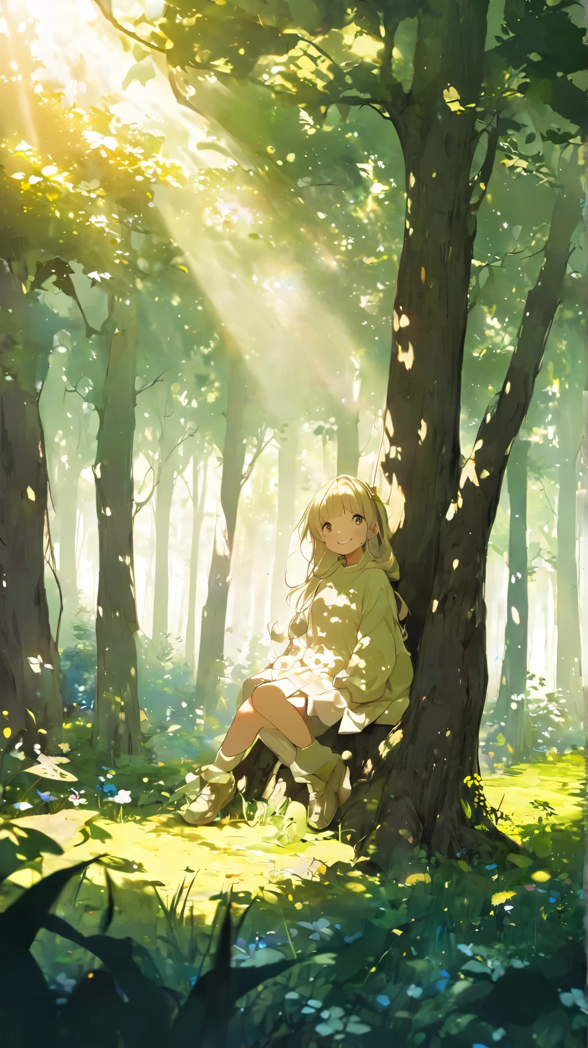 頭と体が小さな cuteアニメの女の子、((( cute狐の耳の女の子)))、(((smile)))、As cute as a dream 、 cute、simple oversized pullover 、 knee-high socks 、Mushroom Forest_background、Beautiful Shadows、Sunlight filtering through the trees、dappled sunlight、Sunlight filtering through the trees、Precisely calculated shadows、Perfect Shading、 poster style 、flat-colors、Carefully calculated  、 arranged motifs 、HIGH QUALITY DESIGN    、    Kitchy 