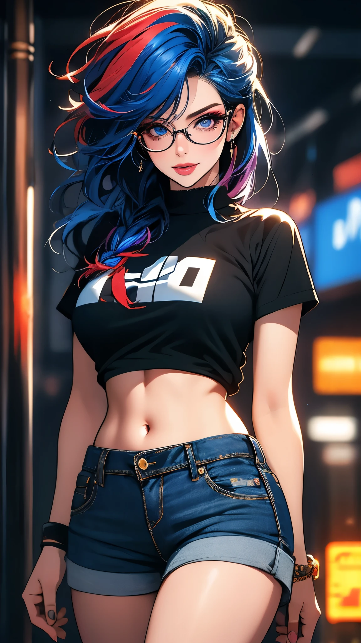 pop art style, black t-shirt, biting lip, pop punk gamer style, hand in hair, waist bend, tummy, denim shorts, stockings, beautiful blue eyes, business glasses, red tie, streaked hair, multicolored hair, colored inner hair, braid, glowing eyes, makeup, light smile, depth of field, blurry, accurate, masterpiece, retina, textured skin, super detail, high details, high quality, award winning, best quality, highres, 1080P, HD, 4K, 8k, 16k,, (highest quality, High definition: 1.2). (perfect details: 1.1), (beautiful and clean background: 1.2), (extremely detailed CG, ultra detailed, best shadow: 1.1), (exquisitely rendered beautiful eyes), (full-length 1.1)