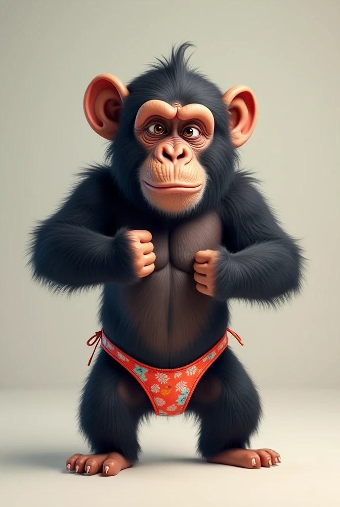 Chimpanzee wearing boxer shorts, with the left hand on the waist and the right hand pointing 