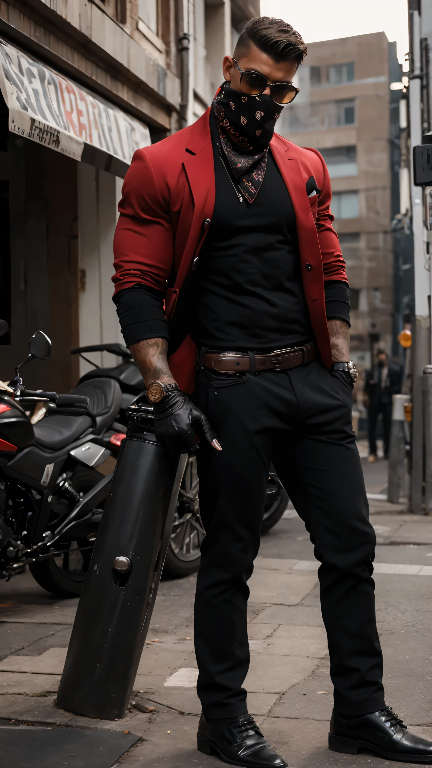 hansom young men in heated discussion standing near a restorent, standing with own new super motorbike and wearing Great mafia style clothes with urban background, , wearing stylish Red and black Bandana Mask, cool T-shirt,and costly black glasses, Handgloves, stylish costly shoes, costly cards prited blazers opend button, grown stylish hair cut, tall and healthy, muscular body, heavy muscles, attractive reach young men