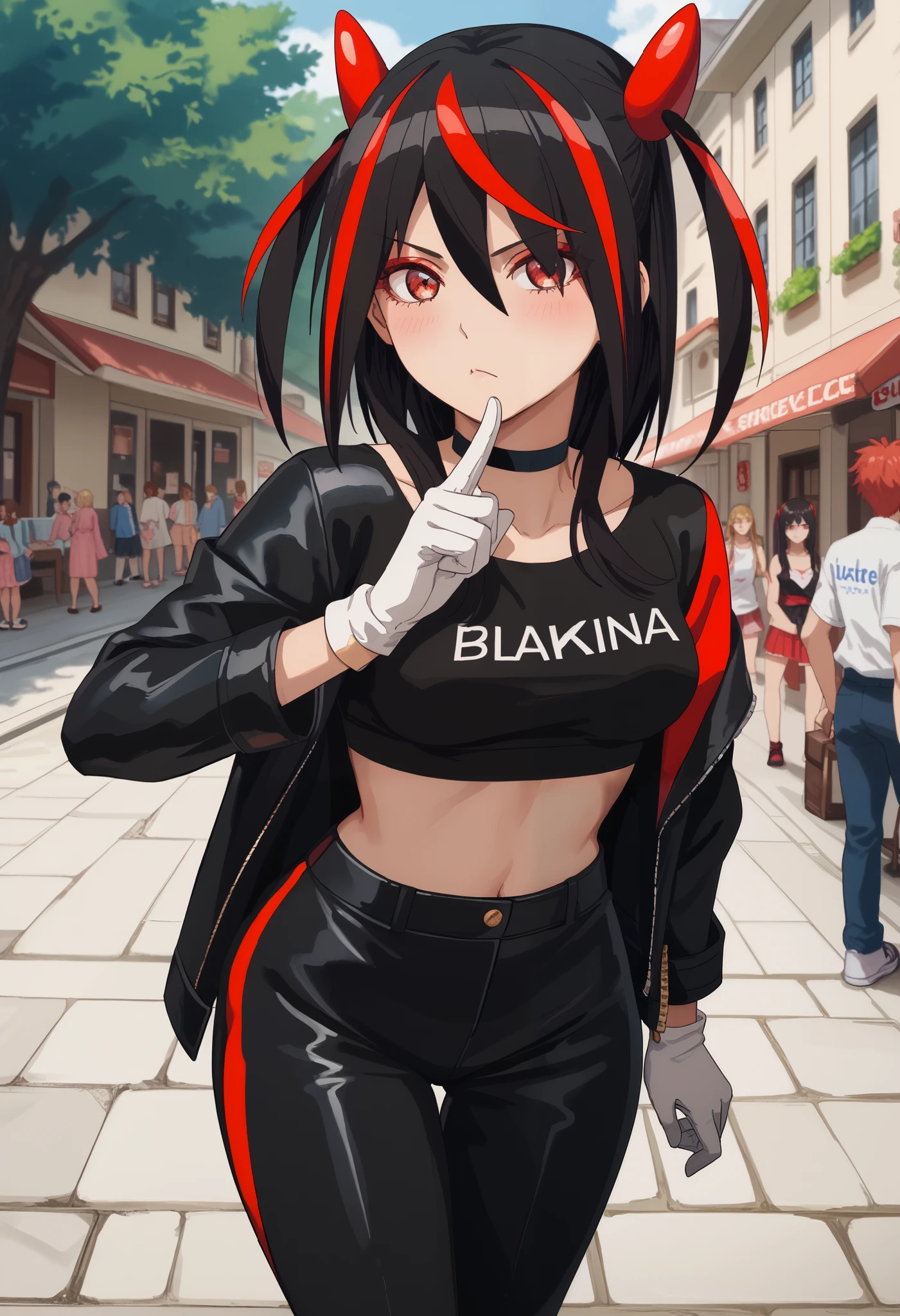 Score_9, Score_8_up, Score_7_up, bright skin: 0.1, anime_source, deep skin, high quality, high resolution, (curvy), ((wide hips)), medium breasts, cute, sexy, 1 girl, BREAK HaneruEmi, HaneruEmi, long hair, black hair, red highlights, red eyeshadow, red eyes, spiky hair, hair between eyes, side locks, black crop top, open jacket, black leather jacket, horns, choker, gold bracelet, black leather pants, short gloves, white gloves, white shoes, two-tone sneakers, black stockings, abdomen, (alone, (sexy pose), open leg, seduce, excite, flirt, sexual, look at viewer, frown, tease)