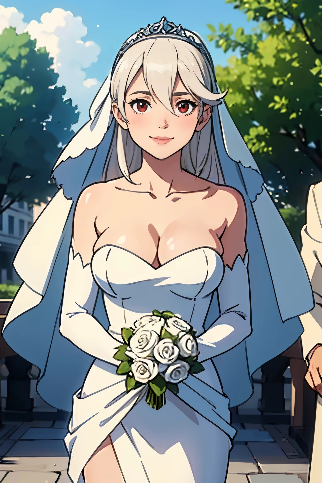 defCorrin, white hair, red eyes,long hair, hair ornament, gloves, dress, cleavage, bare shoulders, collarbone, white oprea gloves, white gloves, white dress, strapless, tiara, veil, strapless dress, wedding dress, bridal veil, beautiful woman, perfect body, perfect breasts, wearing a wedding dress, ball gown, in the park trees, wedding decorations, looking at the viewer, a slight smile, realism, masterpiece, textured skin, super detail, high detail, high quality, best quality, 1080p, 16k