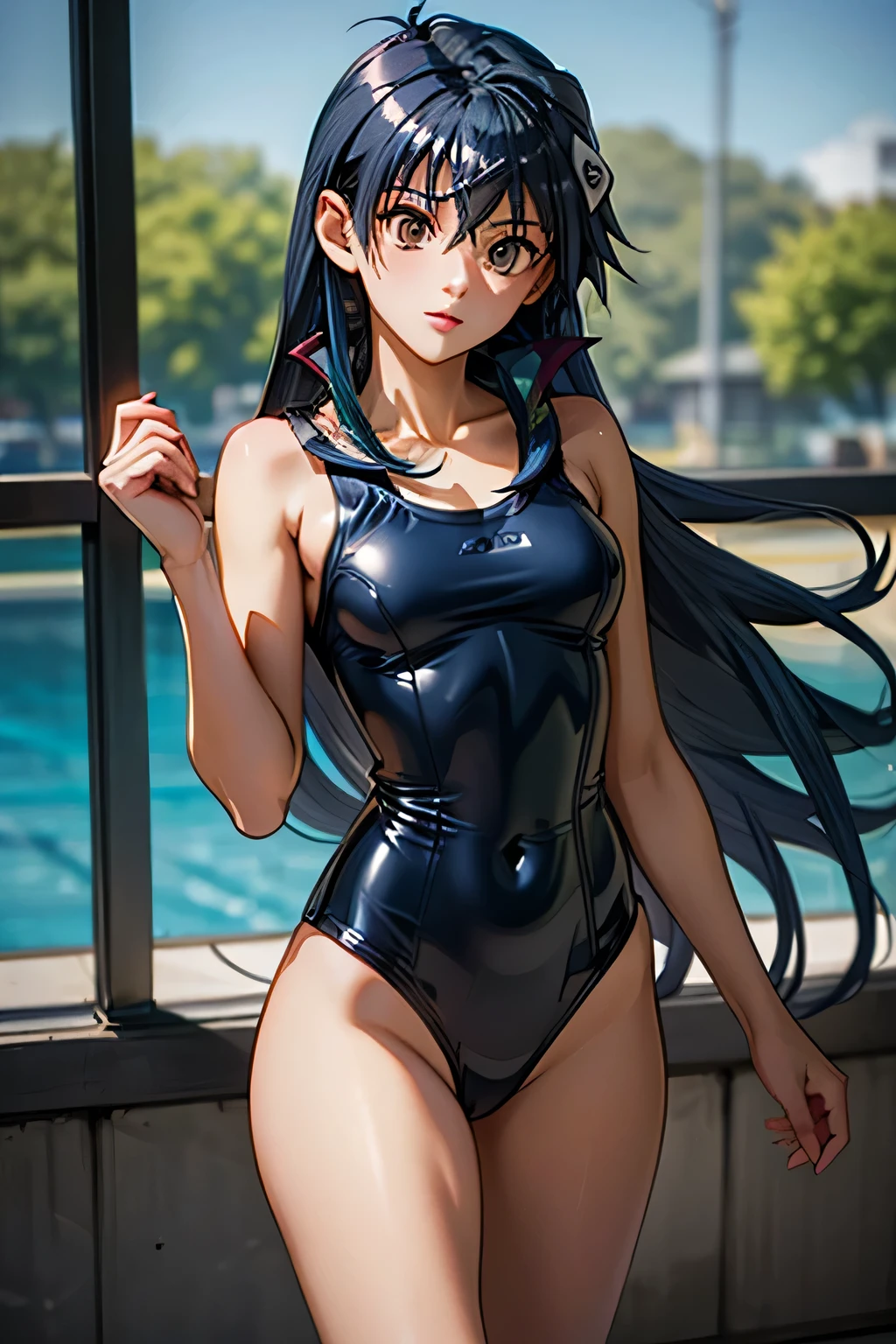 Indoor swimming pool,B1 class, smile, sadistic smile, Fix your crotch bite:1.4, belly button, Long Hair:1.4, Swimsuit,good,Large Breasts,latex, Shiny one-length swimsuit, blue eyes, Wavy Hair,(Highest quality), Realistic, (Live Action, Intricate details), ((Japanese female college student standing in the pool, Place your arms between your legs)), ((Black leotard)), ((:1.4)), (黒髪 Long Hair:1.3, Short bangs), (neat face, Lips parted), Whiter skin, hard lighting:1.3, Soaking wet full body shot,From below,sadistic smile,
