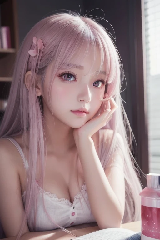 full body、in private-room, Wearing very sloppy pajamas, Very sloppy pajama details,Very detailed,(Beautiful pink hair, Beautiful eyes, Long Hair, )Beautiful Face、Well-formed face、Well-balanced nose、Color your hair pink、whole body、Angle from below、