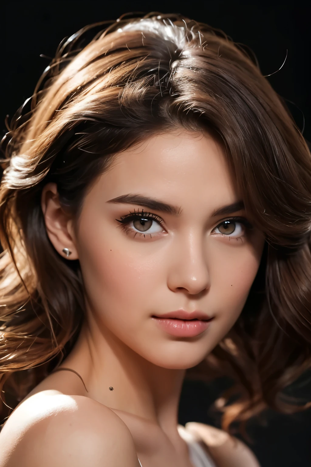 Realistic, super detailed photo in 4K and 8K, young woman, 21 years old, European appearance. She has fair skin, expressive brown eyes with long dark eyelashes and strikingly defined eyebrows. Lips are full, naturally pink, slightly parted, showing a hint of teeth. Hair is long, voluminous, loose waves frame the face and shoulders, rich chestnut color with subtle highlights catching the light. She is stylishly dressed, showing emotions such as a soft smile, playful gaze, flirtatious expression. Poses are dynamic, with elements of movement, such as playing with hair. The background is neutral, with soft lighting to emphasize details.