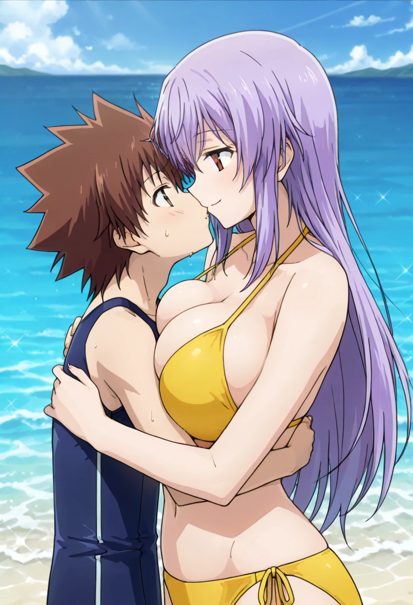 score_9, score_8_up, score_7_up, score_6_up, score_5_up, score_4_up, source_anime, aadokuro, short hair, purple hair,long hair,purple eyes,eyepatch, breasts,very large breasts, perfect body,beauty,very huge breasts,narrow waist,bust size is 250cm over,sexy,seductive anime girl,One Shota,Tsunayoshi Sawada,tsuna_hyper,A boy with very messy brown hair,she has purple hair,she has purple hair,she has purple hair,she has purple hair,she has pink eyes,he has very messy brown hair,he has very messy brown hair,he has very messy brown hair,she has purple eyes,she has purple eyes,he has orange eyes,he has orange eyes,he has orange eyes,sea,she is smiling seductively,Boy and woman are kissing,Boy and woman are hugging,5 fingers,Beautiful fingers,swimwear,Boys and women are wearing swimsuits,She is wearing a bikini,she wears an eyepatch over her right eye