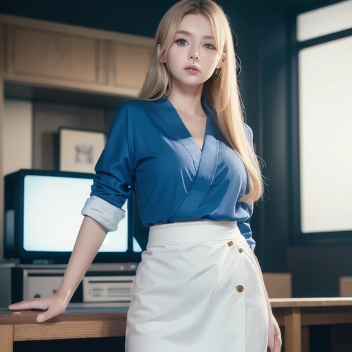 Masterpiece, best quality , 8k, Photo Reality, realistic, octane rendering , Japan's bustling metropolis ( female 1: 1.4), ( just one woman on the screen: 1.3), ( white shirt), ( long golden hair ), ( Hip Wrap Skirt ), (blue eyes) Upper body display