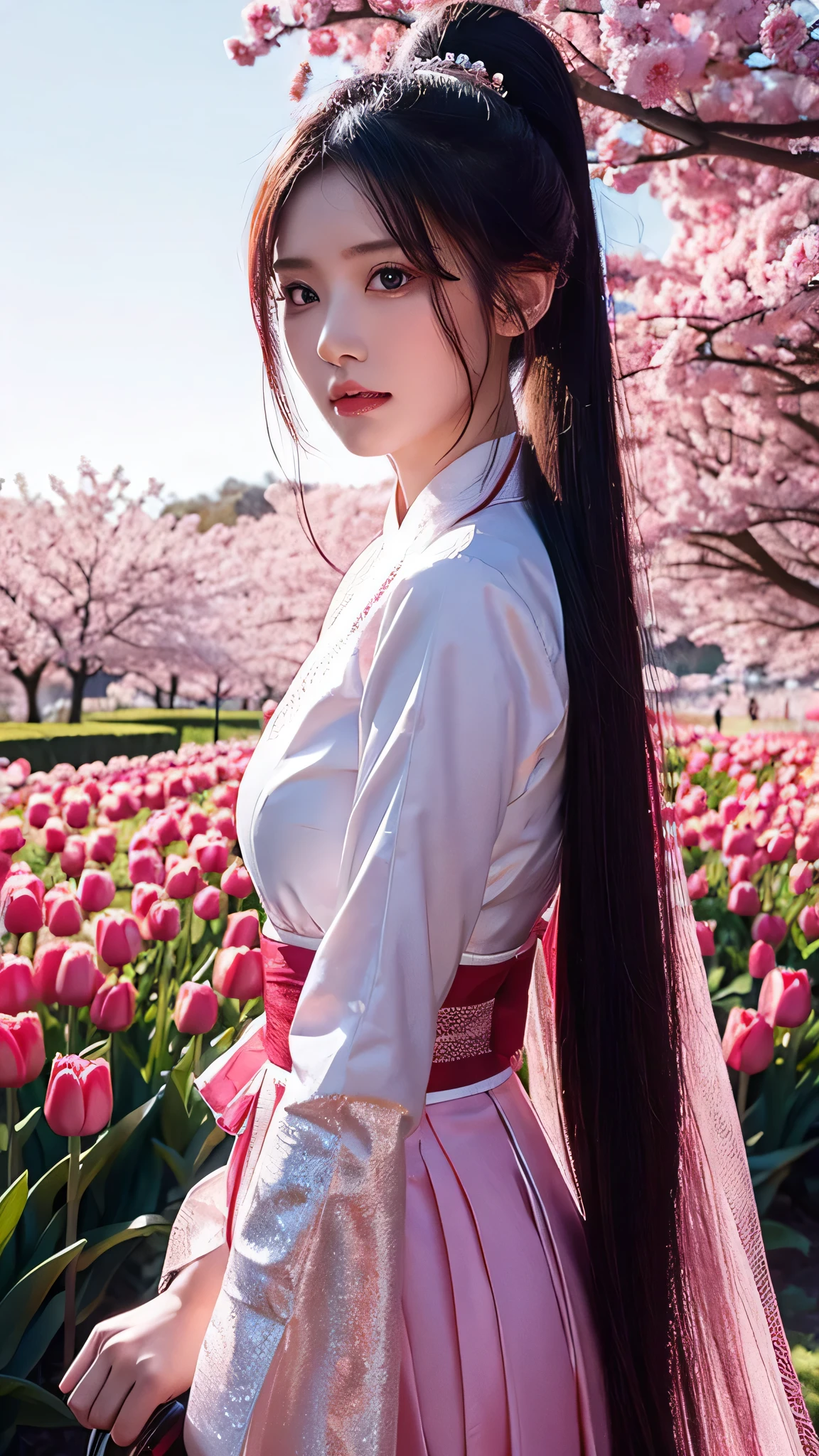 in high definition, man and woman wearing tulle Hanfu , Woman Holding a Sword , maroon hair in the garden, ponytail, onyx colored eyes, Texture Details , Glowing Skin, moon, Under clear skies and bright sunlight , pink tulip fields in the park in the background, backlit, 8k, more details, Masterpiece, best quality