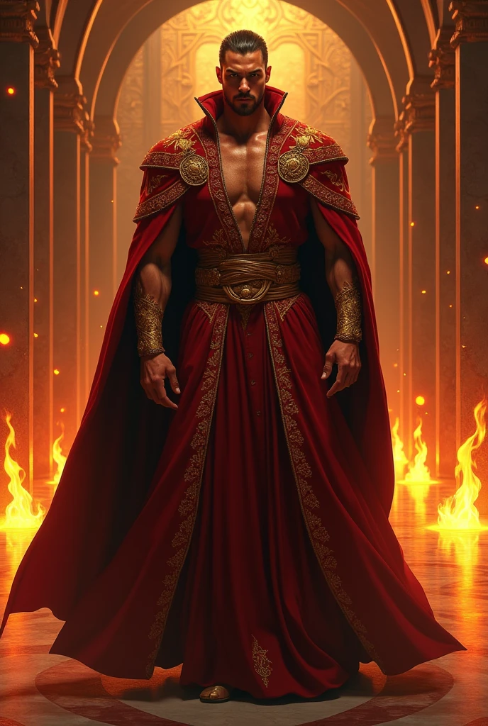 Strong Orixa Exu wearing red and black African clothing , smiling a lot And holding a Sapphire  !  A sensual black man   