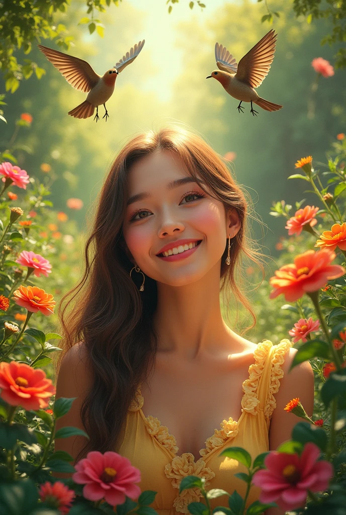 a happy young woman smiling in a lush green garden, sunlight filtering through the trees, beautiful detailed eyes, beautiful detailed lips, extremely detailed face, longeyelashes, bright colorful flowers, birds flying overhead, intricate floral patterns, impressionist style, vibrant colors, warm lighting, cinematic composition, 8k, high quality, photorealistic