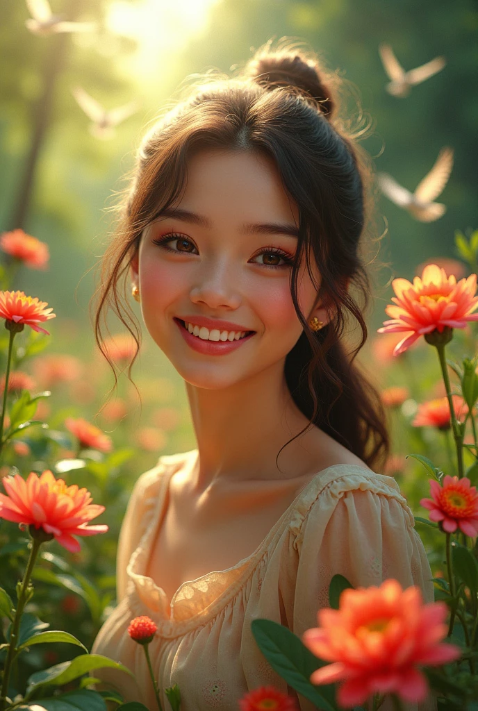 a happy young woman smiling in a lush green garden, sunlight filtering through the trees, beautiful detailed eyes, beautiful detailed lips, extremely detailed face, longeyelashes, bright colorful flowers, birds flying overhead, intricate floral patterns, impressionist style, vibrant colors, warm lighting, cinematic composition, 8k, high quality, photorealistic