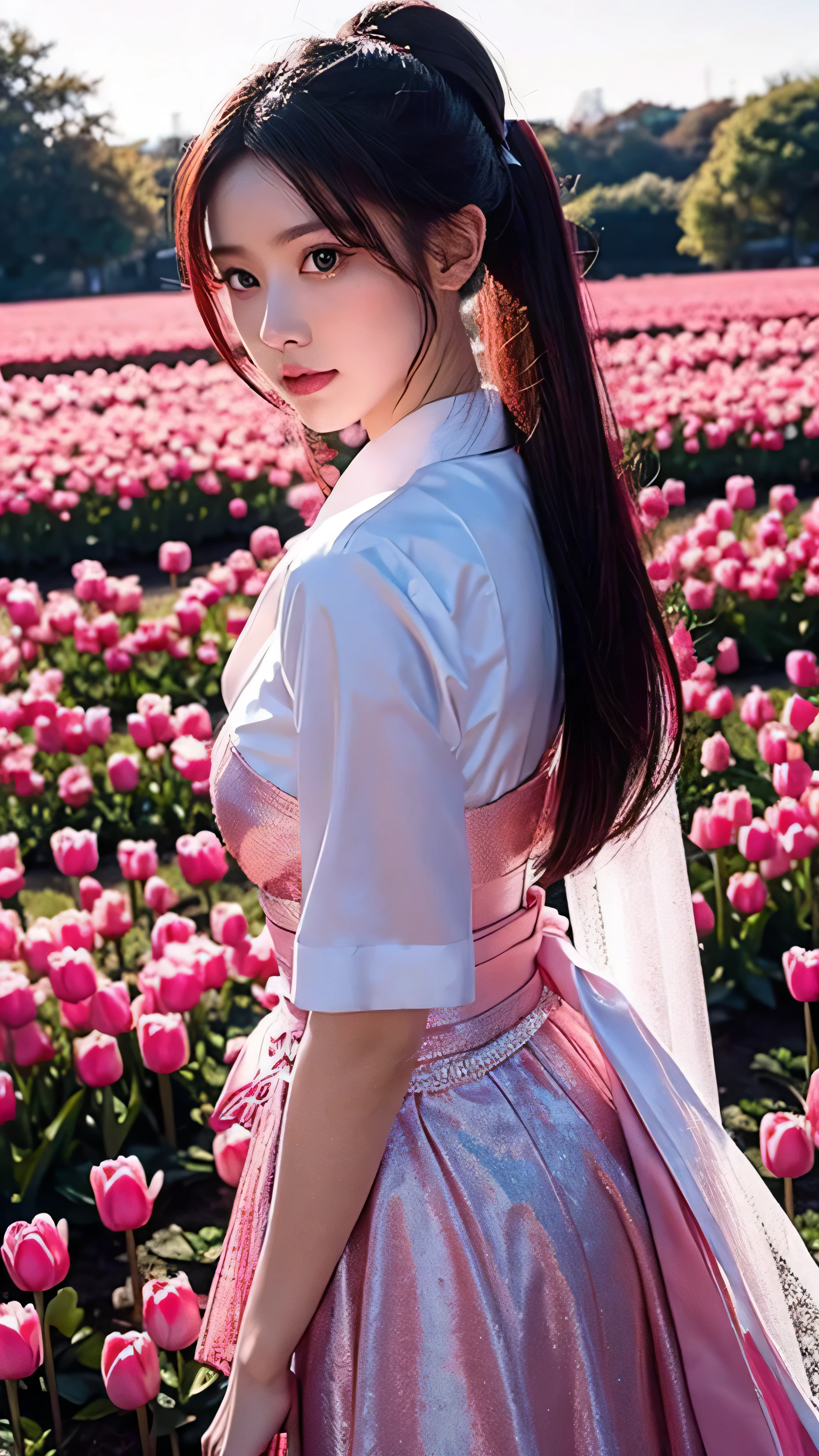 in high definition, man and woman wearing tulle Hanfu , Woman Holding a Sword , maroon hair in the garden, ponytail, onyx colored eyes, Texture Details , Glowing Skin, moon, Under clear skies and bright sunlight , pink tulip fields in the park in the background, backlit, 8k, more details, Masterpiece, best quality
