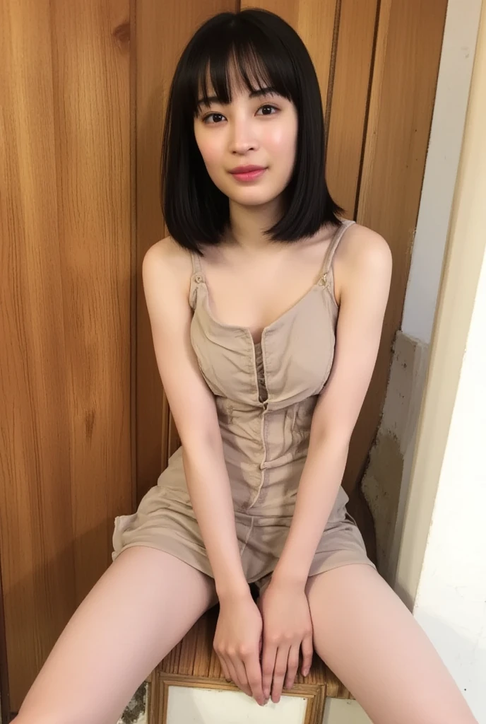 Highest quality、8K、Ultra-high resolution、Clear photos、Professional Lighting、Natural light、Very cute girl、beautiful girl、The cutest Yoda Yuki、Beautiful Hair、No makeup、(Small breasts:1.8、Flat Chest:1.8)、slender、slim and beautiful legs、White skin、Beautiful ass、Berry Shortcut、(Wear an off-the-shoulder mini dress)、(slouch:1.8)、(I can see her cleavage:1.8)
