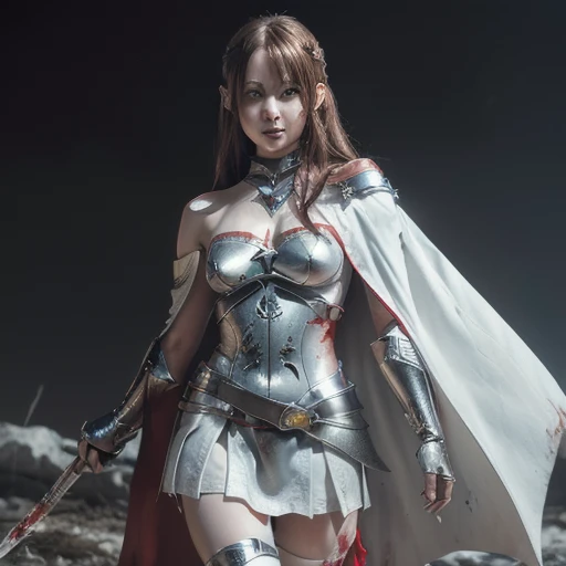 8k,(Asuna(star): 1.6),One Girl, alone,(Perfect Anatomy:1.43), (Medium Hair:1.55) ,(Half Up:1.45),bangs, Brown eyes,Beautiful Eyes,(Sad Smile:1.3),White knee socks,(Brown Hair:1.6),blood stained boots,(18-year-old:1.5),whole body,(A combination of blood-white silver full plate armor and a long blood-stained cloak.:1.63),(Exposing shoulders:1.5),(mini skirt:1.26),(With a blood-stained rapier in hand:1.43),(A bloody battlefield on a moonlit night:1.52),Fantasy,(Blood Effect:1.53),throw,Eye level,(Cast a Shadow:1.21)