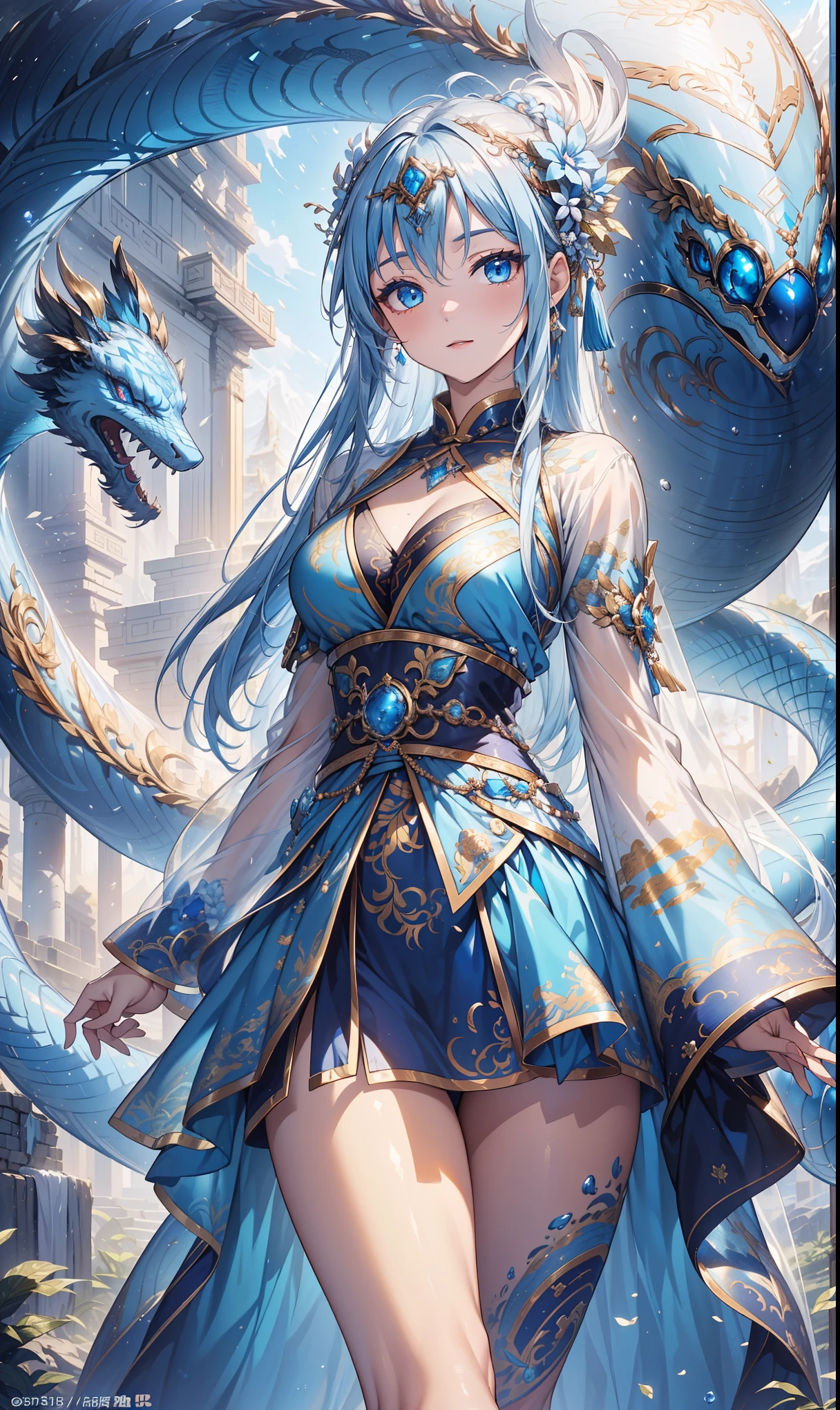 A very kind girl. She has light brown hair, icy blue eyes, she is wearing white blue and brown Japanese clothing, she is an icy dragon. She is the dragon of ice, she is wearing lots of jewelry. Necklaces, breaches, waist beads, hip beads, crowns, head necklace.
