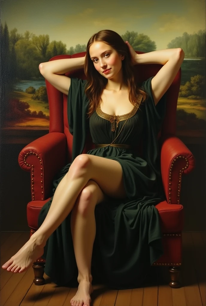 a girl in topless nude sitting on a chair legs wide open in the style of Gigi Cavenago and Jeffrey Jones and Albert Beck Wenzell and norman rockwell