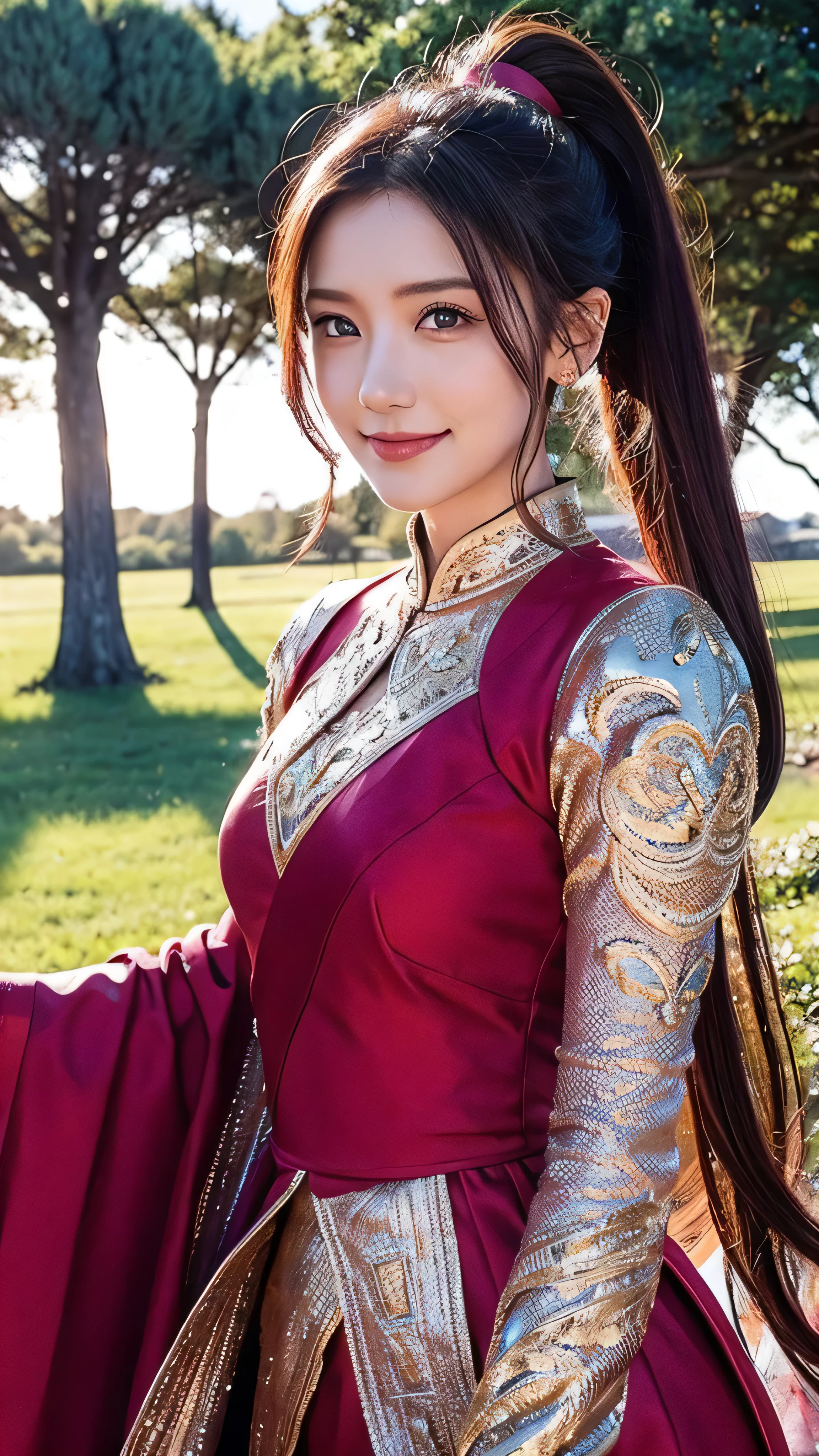 in high definition, A beautiful woman in a pink dress and gold armor, Smiling woman, maroon hair in the garden, ponytail, onyx colored eyes, Texture Details , There is also a park on the battlefield , moon, under clear skies and bright sunshine , Red rose fields in the park in the background , backlit, 8k, more details, Masterpiece, best quality