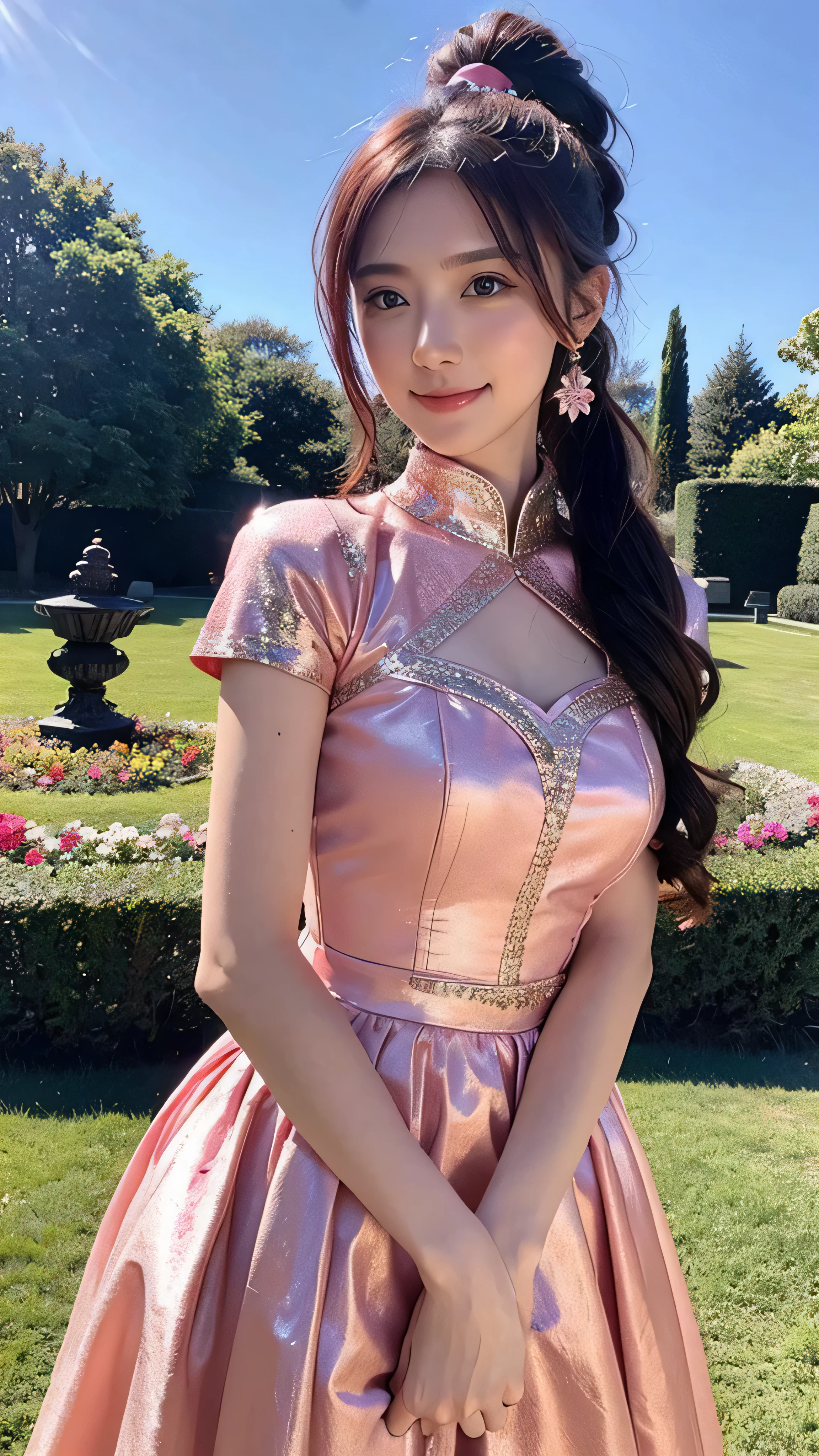  in high definition， A beautiful woman in a pink dress and gold armor, Smiling woman,  maroon hair in the garden,  ponytail, onyx colored eyes,  Texture Details , There is also a park on the battlefield ,  moon,  under clear skies and bright sunshine , Red rose fields in the park in the background , backlit, 8k,  more details, Masterpiece,  best quality 