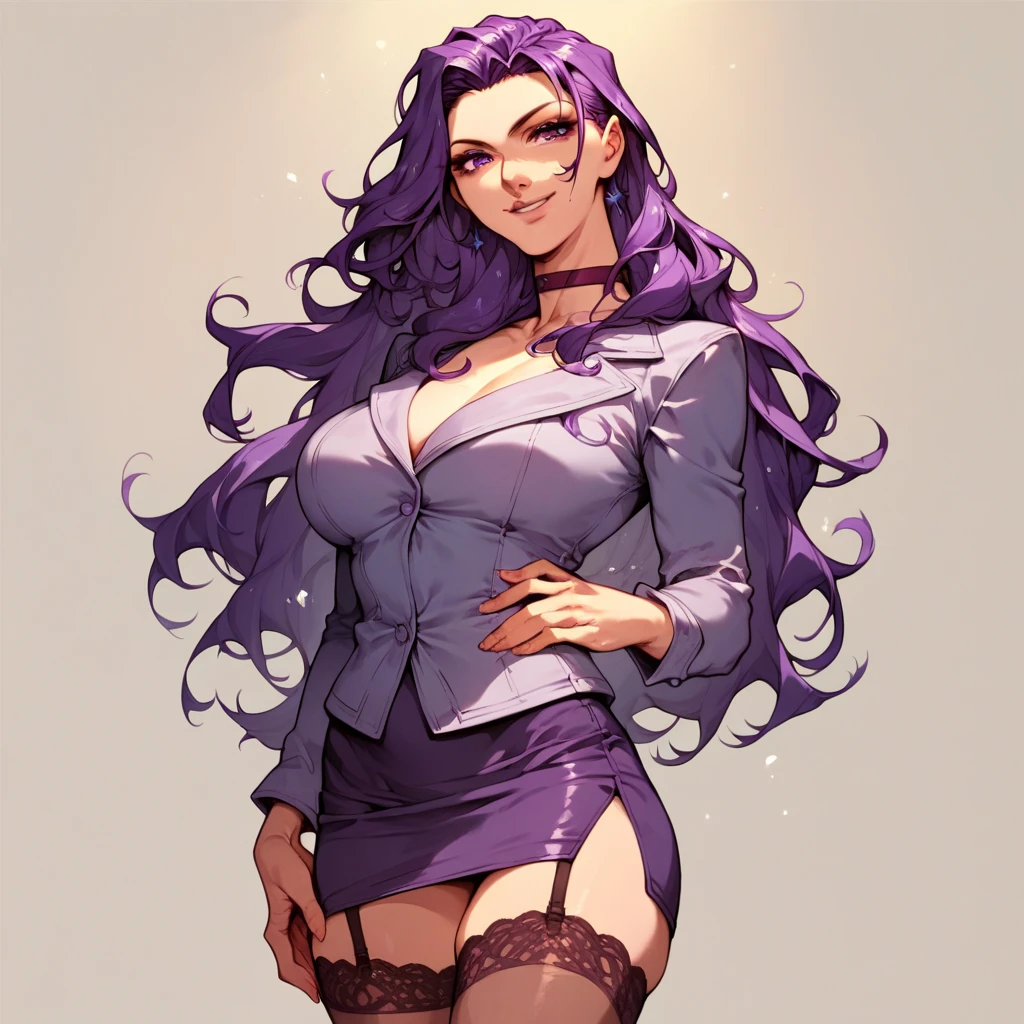 <lora:thirtyeightPony:0.82> wral artstyle, score_9, score_8_up, score_7_up, score_6_up, score_5_up, score_4_up, source_anime, rating_safe, (mature female:1.2), (cutesexyrobutts:0.75), 1girl, white pants, halo, breasts, solo, karin \(blue archive\), dark skin, long hair, dark-skinned female, jewelry, white background, open clothes, white jacket, pants, alternate costume, purple hair, hand in pocket, earrings, medium breasts, choker, jacket, full body, simple background, very long hair, open jacket, cleavage, looking at viewer, yellow eyes, black choker, bangs, long sleeves, black footwear, necklace, closed mouth, standing, multicolored hair, belt, high heels, stiletto heels, (contrapposto:1.2),