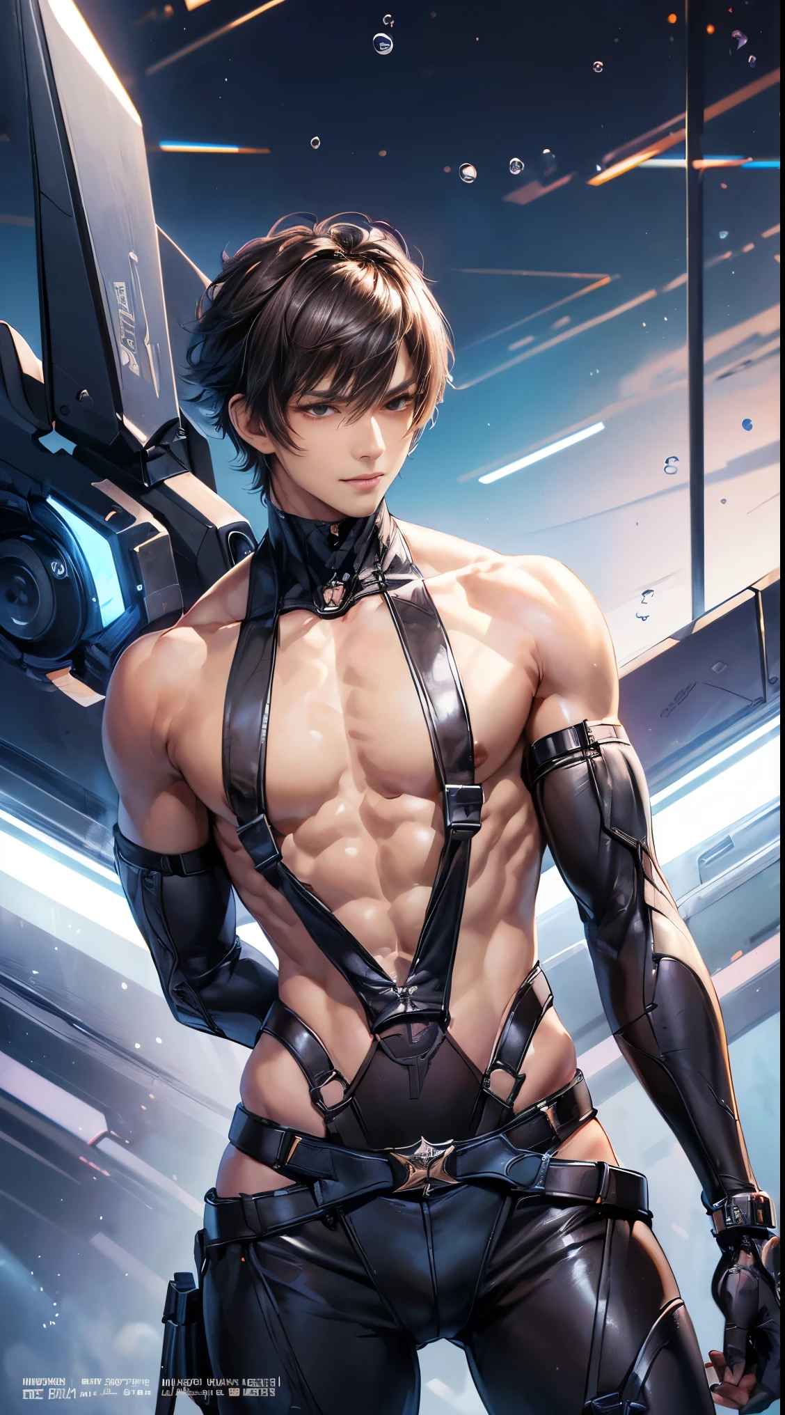 Handsome 18 year old Japanese model　Very short, cropped black hair　　future　universe　Soft Macho　Half-body nudity　Mechanical parts attached to bare skin　In the middle of installing electronic parts on nude　　　Naked with white exoskeleton mechanical parts