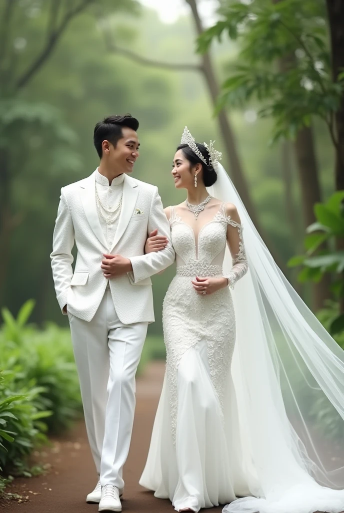 (best quality,4k,8k,highres,masterpiece:1.2),ultra-detailed,(realistic,photorealistic,photo-realistic:1.37),Indonesia Italian husband and wife standing together,beautiful detailed eyes,beautiful detailed lips,extremely detailed eyes and faces,longeyelashes,brown-haired man,black-haired woman,happy facial expressions,traditional Indonesian wedding attire,elaborate hijab,white wedding dress and suit,gorgeous wedding venue,decorative flowers and candles,romantic atmosphere,soft natural lighting,warm color palette,vibrant colorful decorations,joyful celebration,surrounded by family and friends,bride holding a bouquet of flowers,groom wearing a boutonniere,innocent love and affection,traditional Indonesian wedding traditions and customs,portraits,love story,prominent with rich cultural heritage.